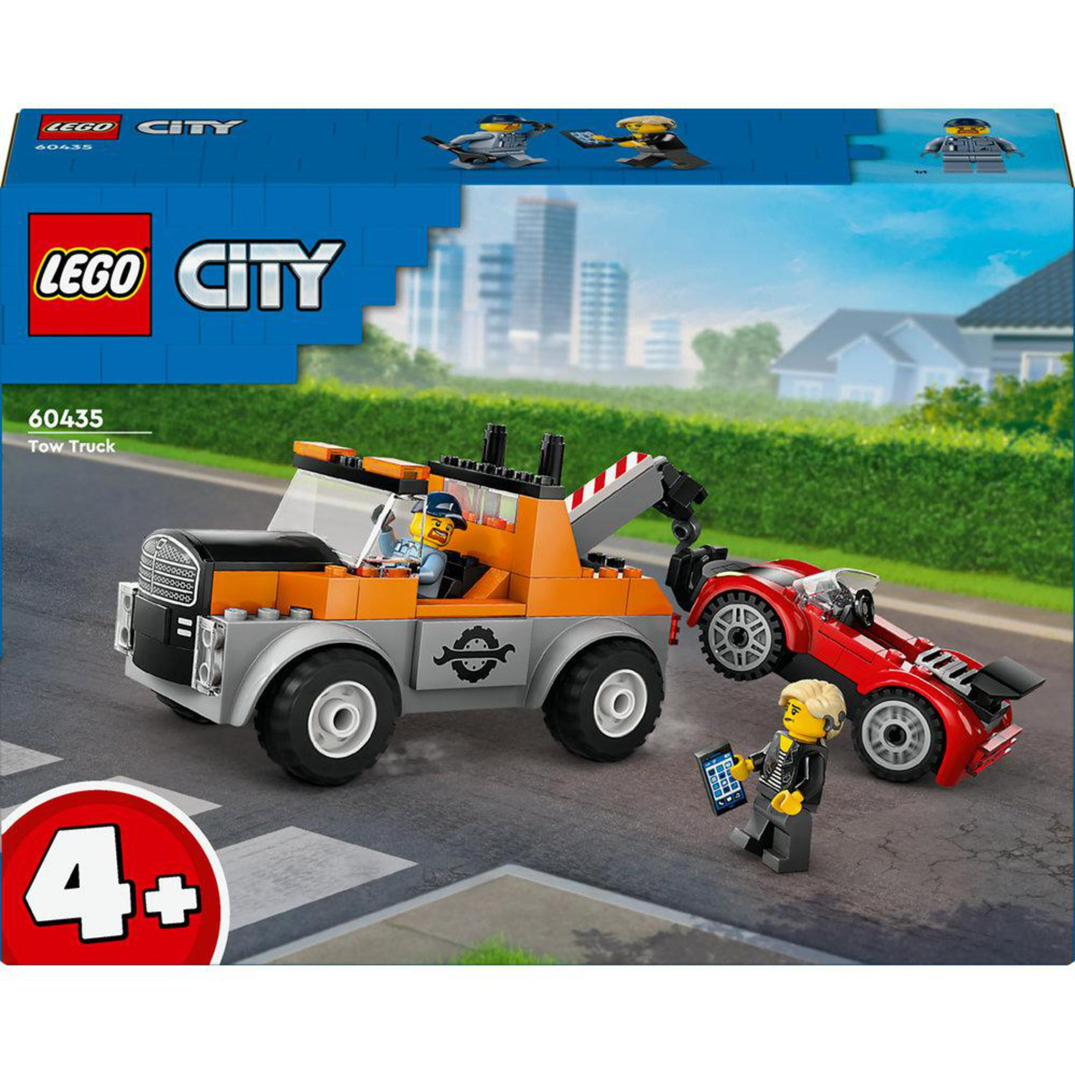 Zestaw LEGO City Tow Truck z lawetą, samochodem i minifigurkami. Niebieskie pudełko w tle.