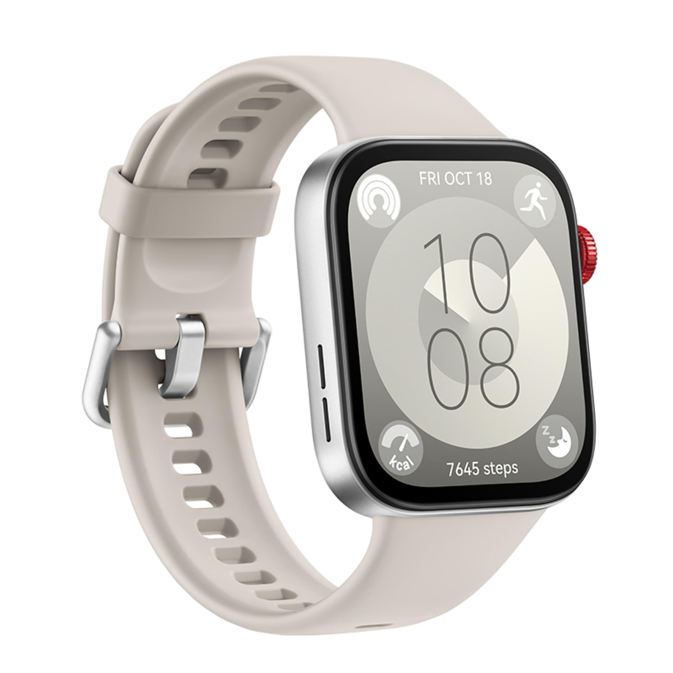 Kremowy smartwatch z wyświetlaczem pokazującym godzinę i kroki. Białe tło.