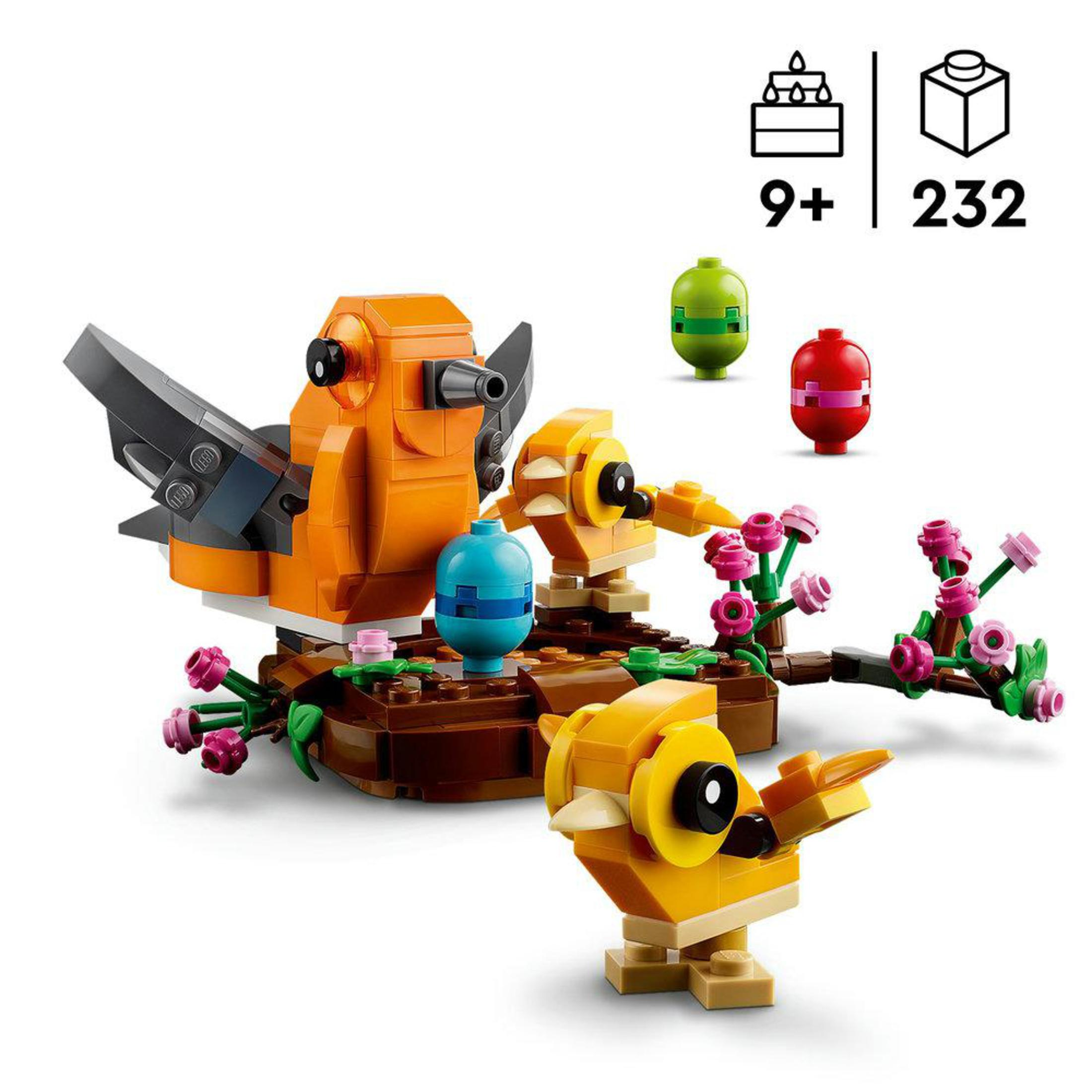 Ein Lego-Set mit Vogelfiguren. Das Set ist orange, gelb und grün. Es enthält 232 Teile.