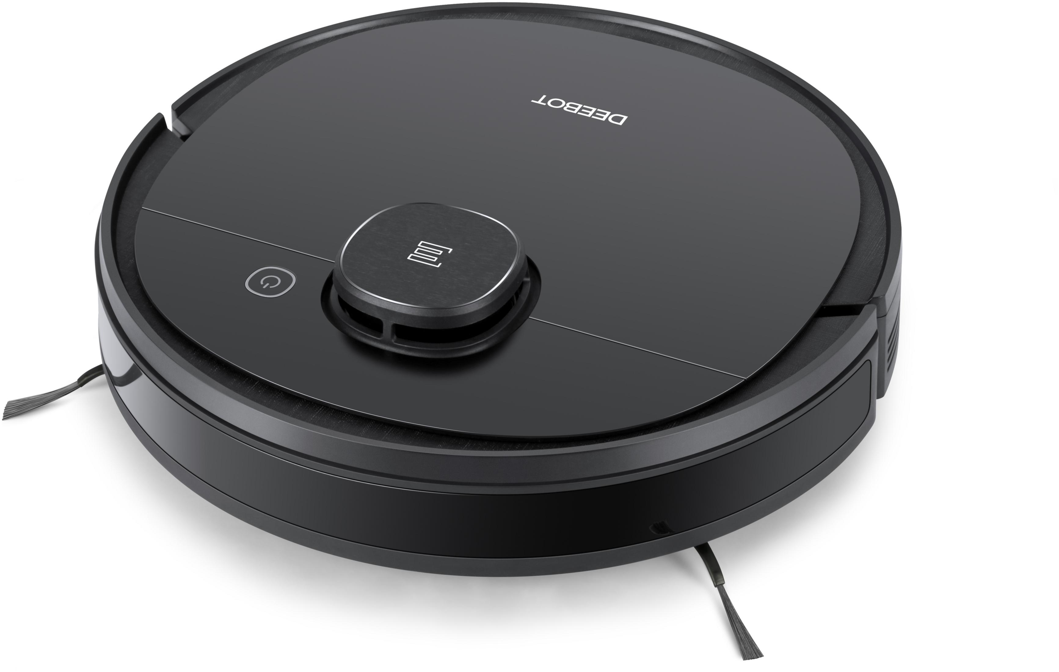 Ein runder, schwarzer Roboter-Staubsauger mit silberner Oberseite. Er hat zwei kleine Bürsten und einen Power-Knopf.