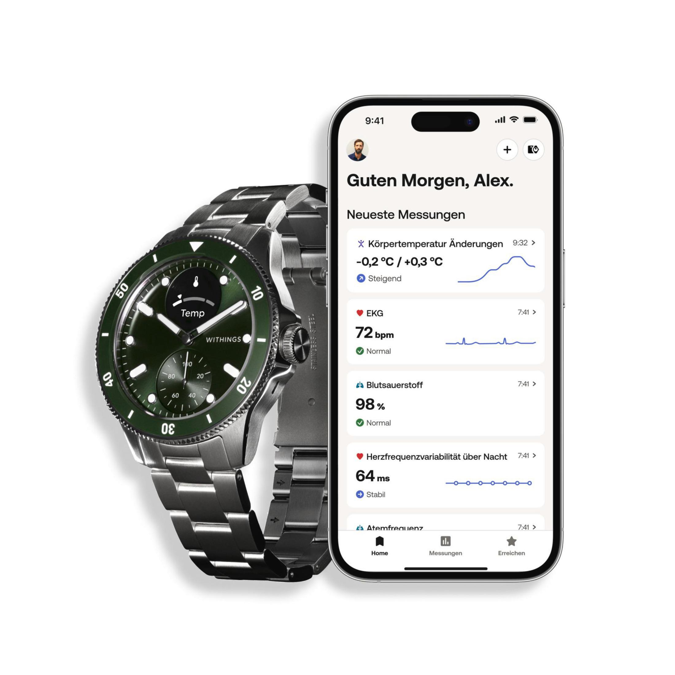 Eine Smartwatch neben einem Smartphone mit Gesundheitsdaten. Das Zifferblatt ist grün. Die App zeigt Gesundheitsdaten.
