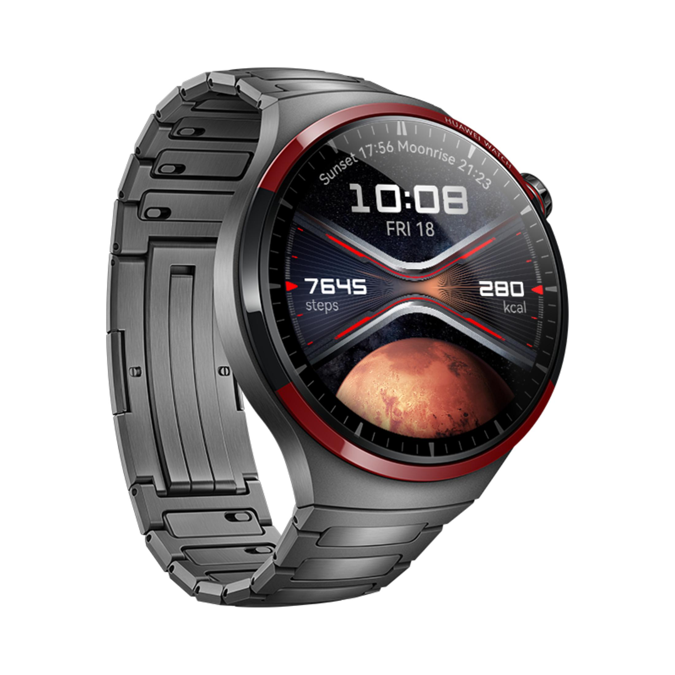 Smartwatch mit dunklem Bildschirm, der Zeit, Datum und Daten anzeigt. Metallband und rote Akzente.