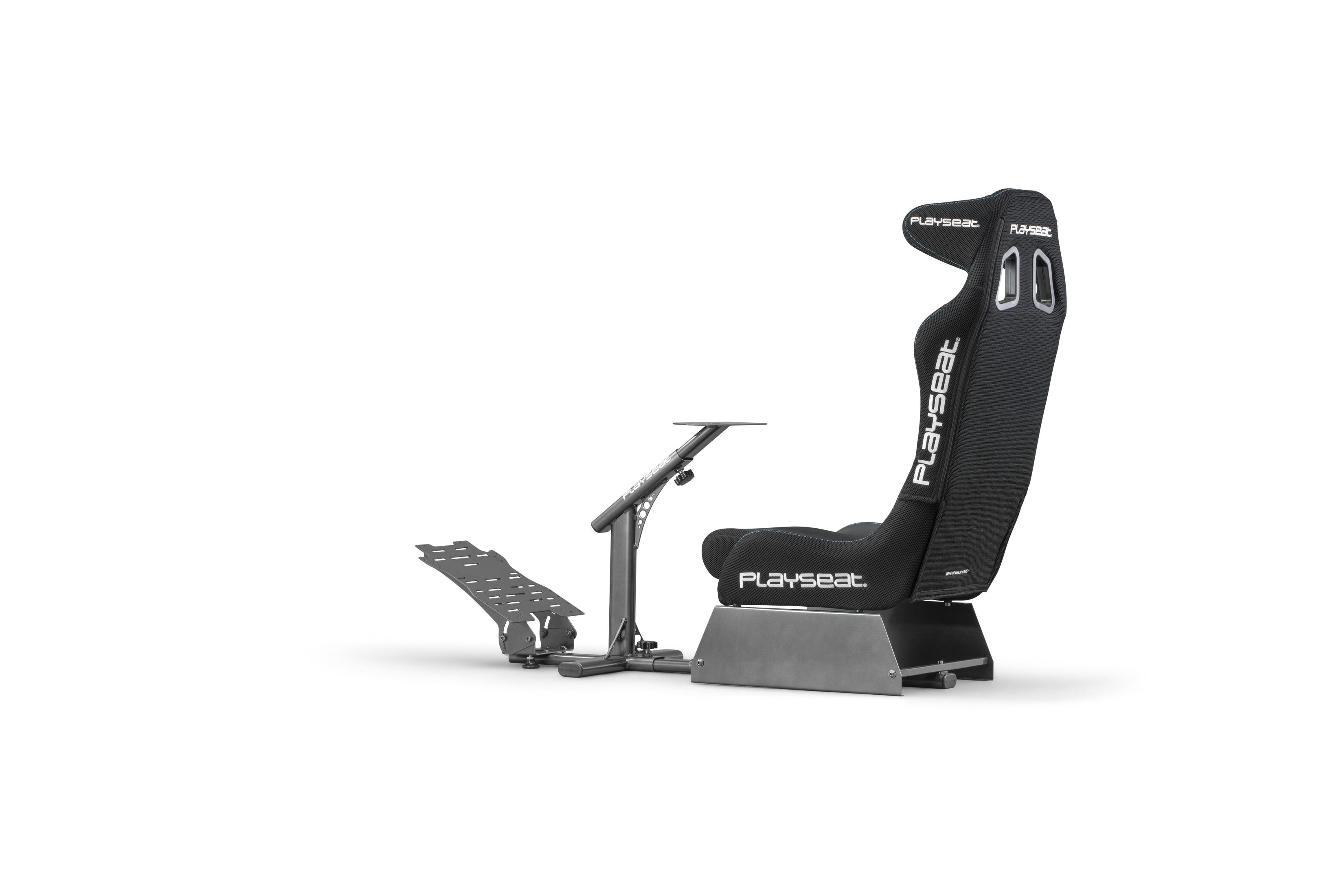 Un siège de simulateur de course noir avec la marque 'Playseat' sur fond blanc.
