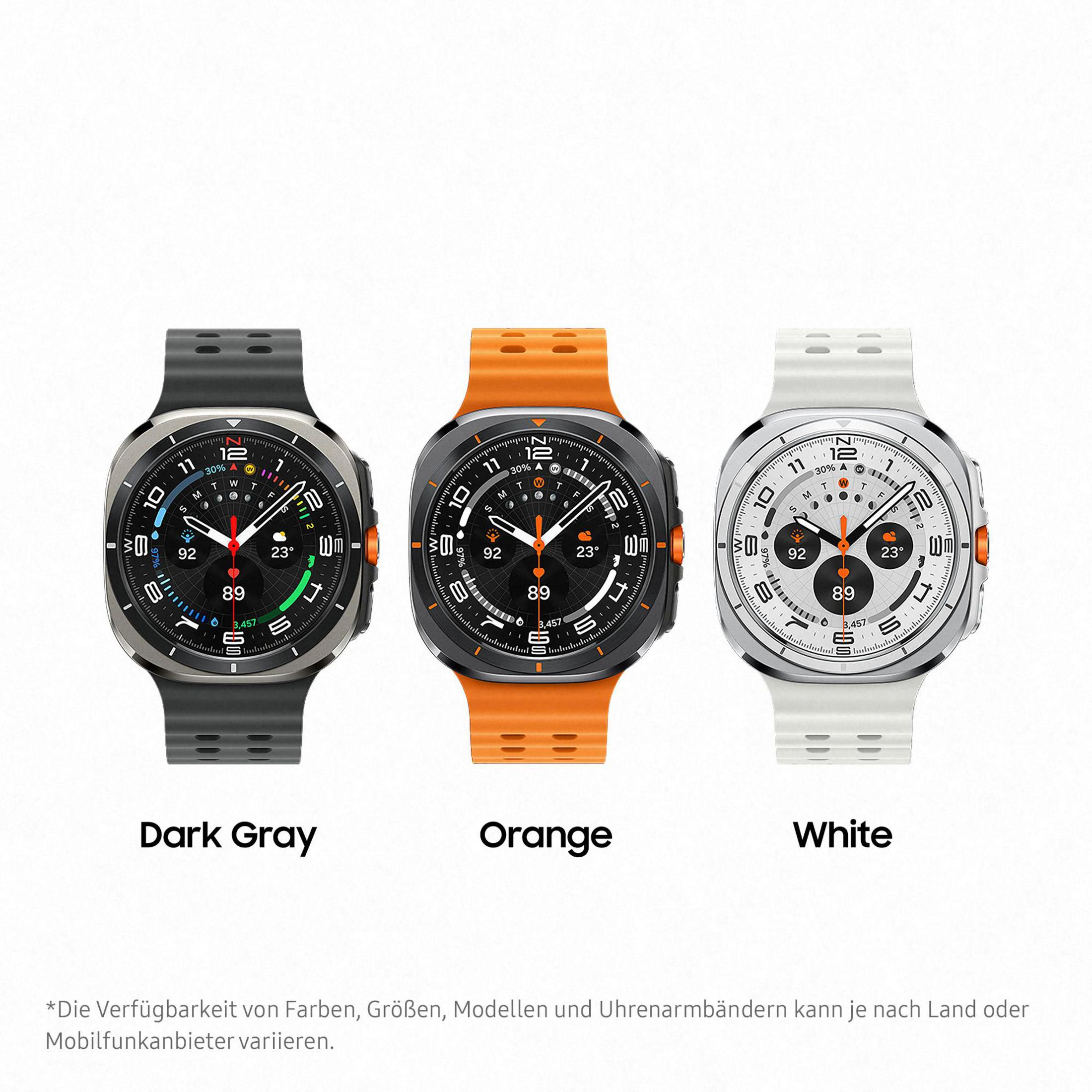 Trzy smartwatche, ciemnoszare, pomarańczowe i białe.