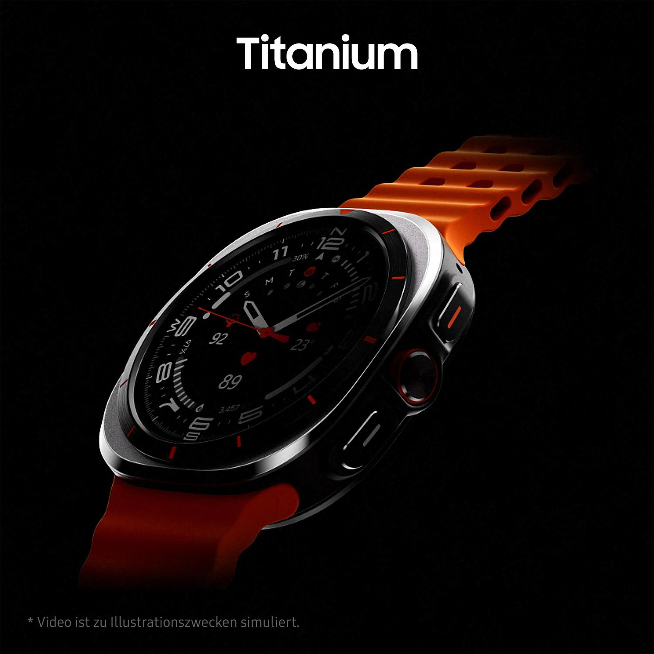 Tytanowy smartwatch z pomarańczowym paskiem. Zegarek na czarnym tle, z napisem 'Titanium'.