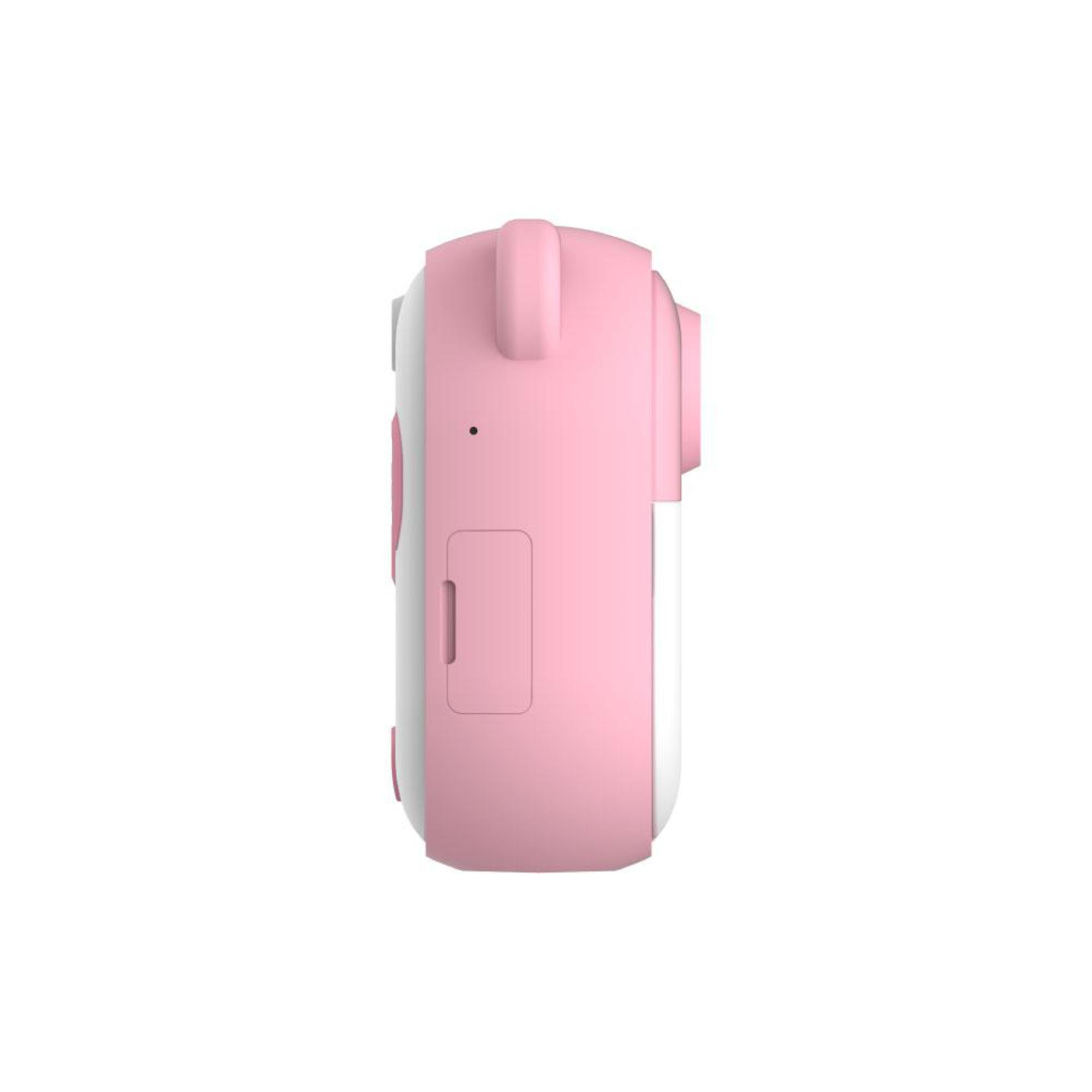 Eine rosa-weiße Spielzeugkamera, von der Seite betrachtet, mit sichtbarem Ladeanschluss.