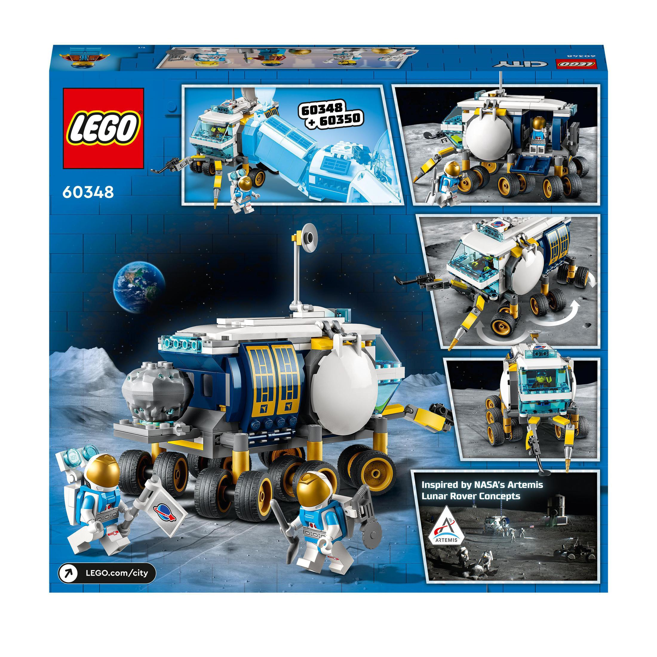 LEGO-Set-Box mit mehreren Bildern eines Mondrovers und Astronauten auf blauem Hintergrund.
