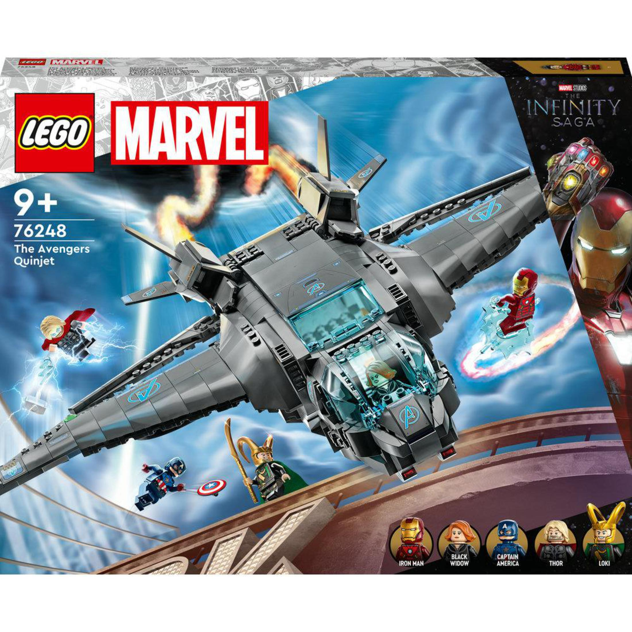 Eine Lego Marvel Avengers Quinjet Set-Box mit Iron Man, Thor und anderen Charakteren.