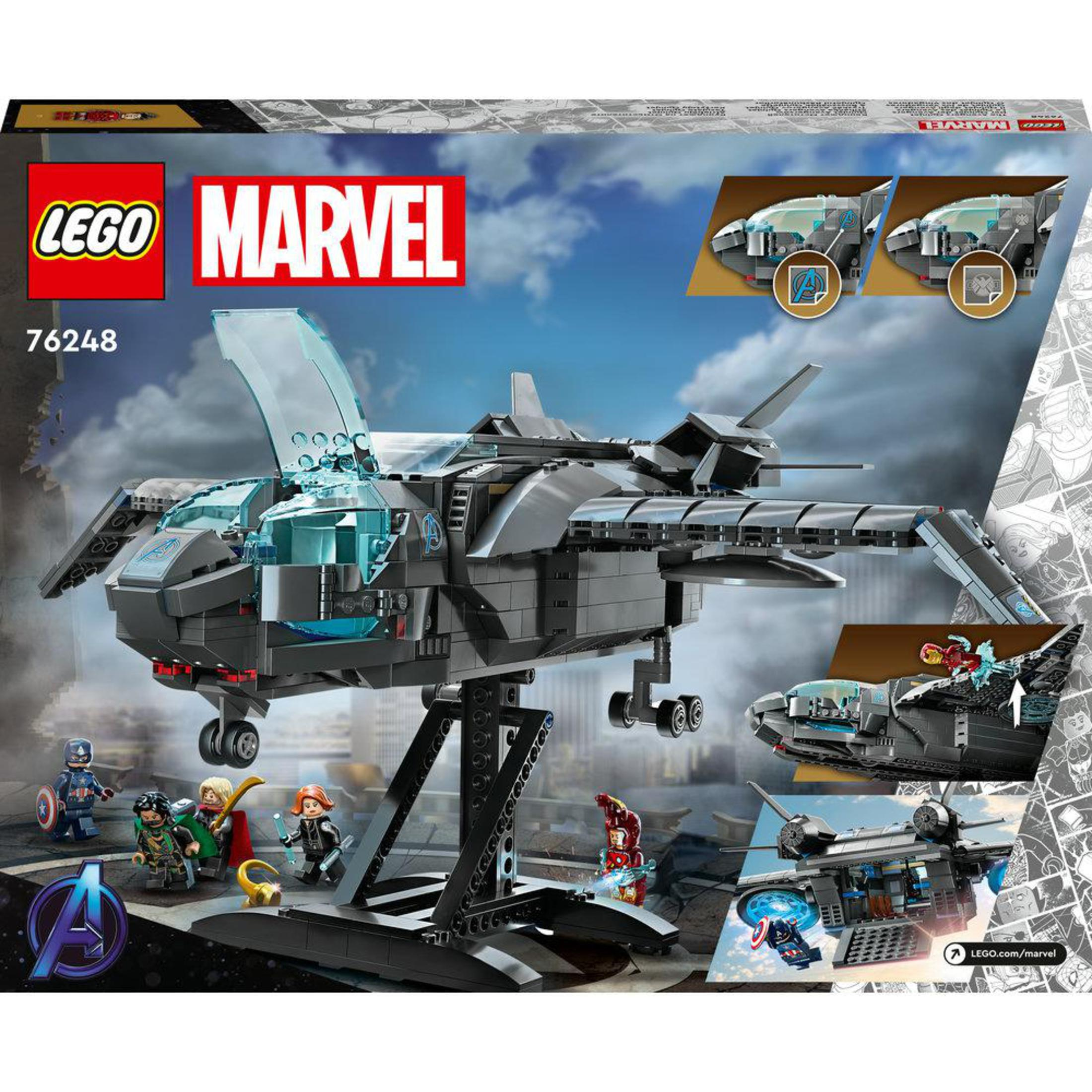 LEGO Marvel Set: Black Panther Jet mit Figuren. Die Box zeigt den Jet und andere Figuren.