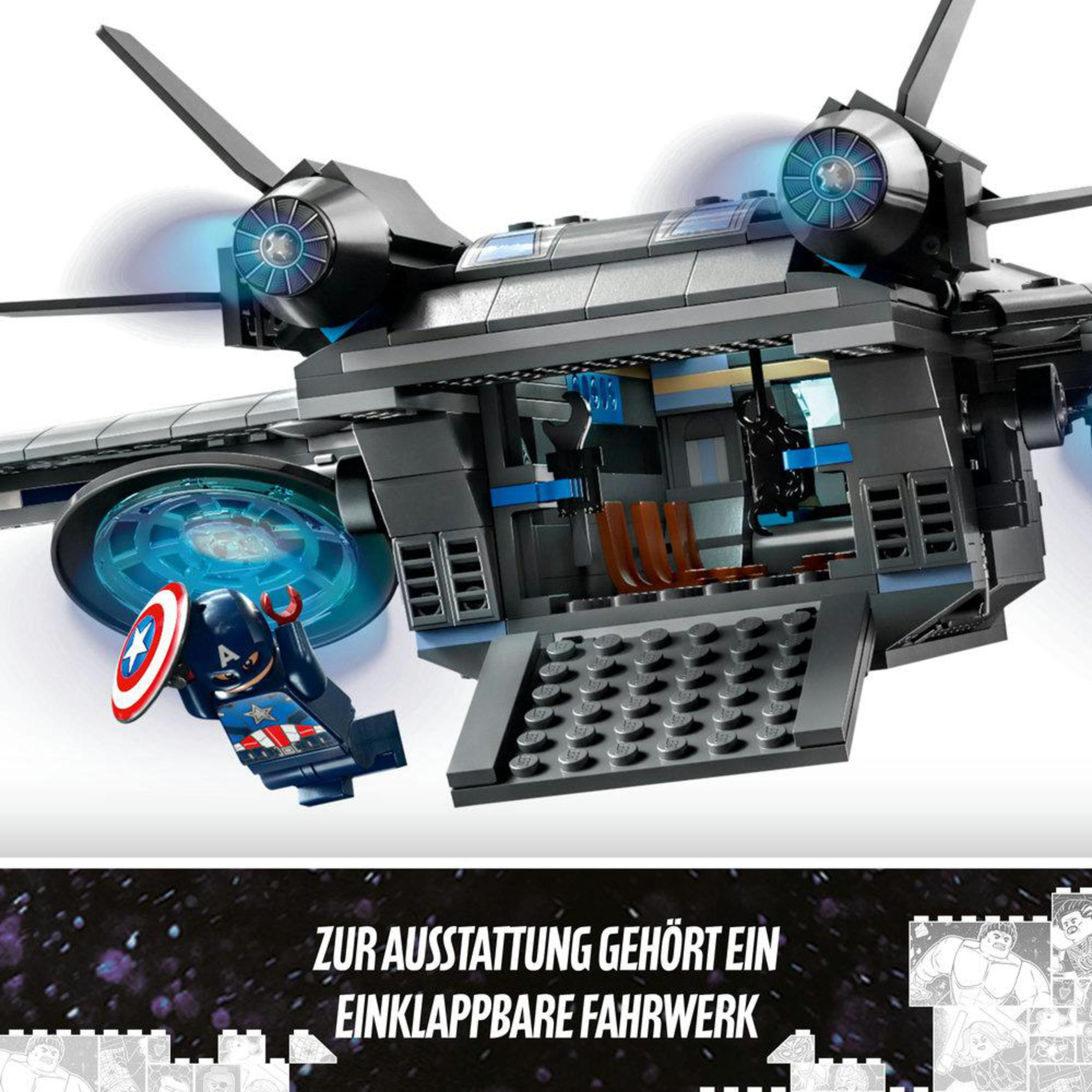 Lego-Set eines schwarzen Raumschiffs mit Captain America-Figur. Text: ZUR AUSSTATTUNG GEHÖRT EIN EINKLAPPBARE FAHRWERK.