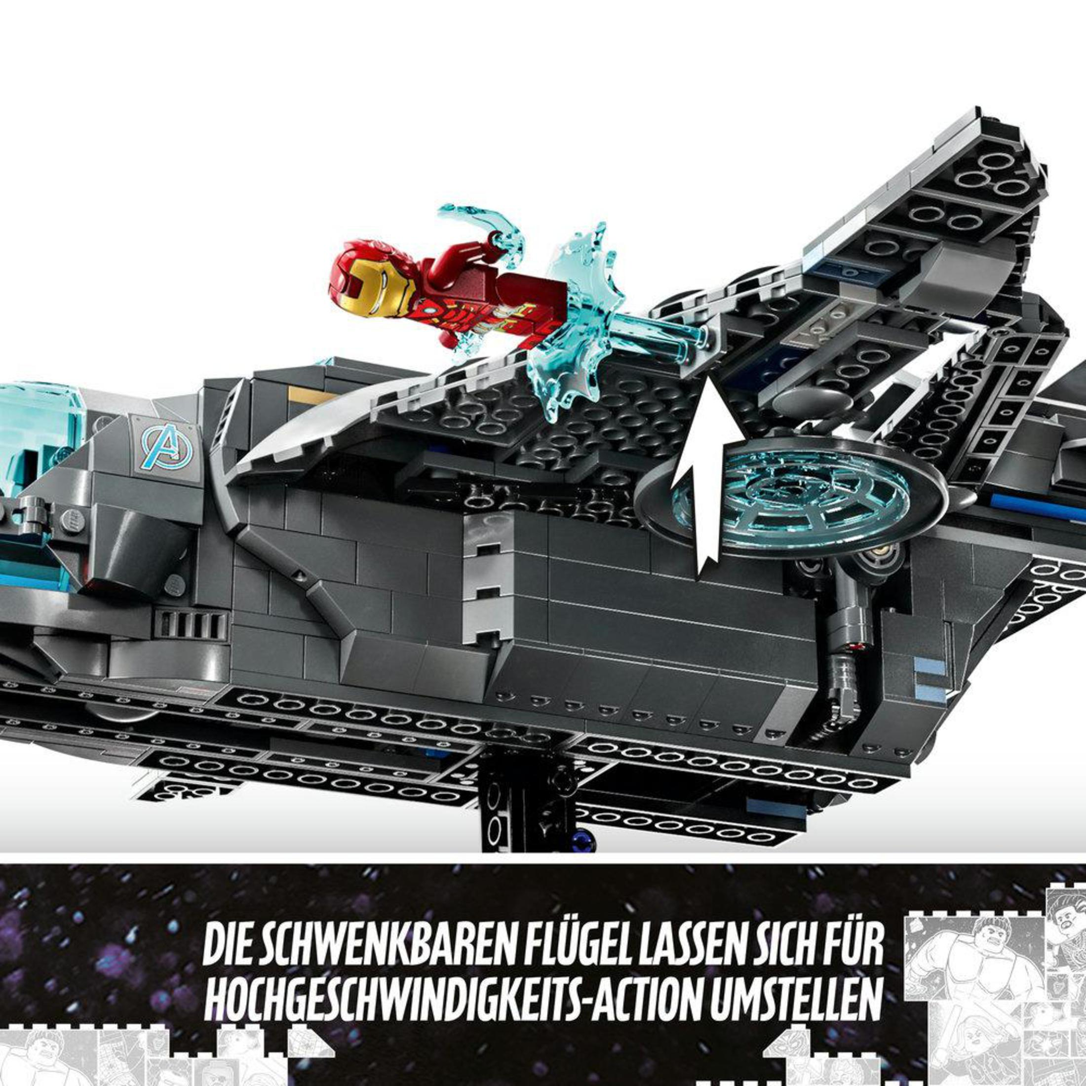 LEGO Marvel Set mit Iron Man und einem schwarzen Jet mit beweglichen Flügeln, in einer Weltraumszene.