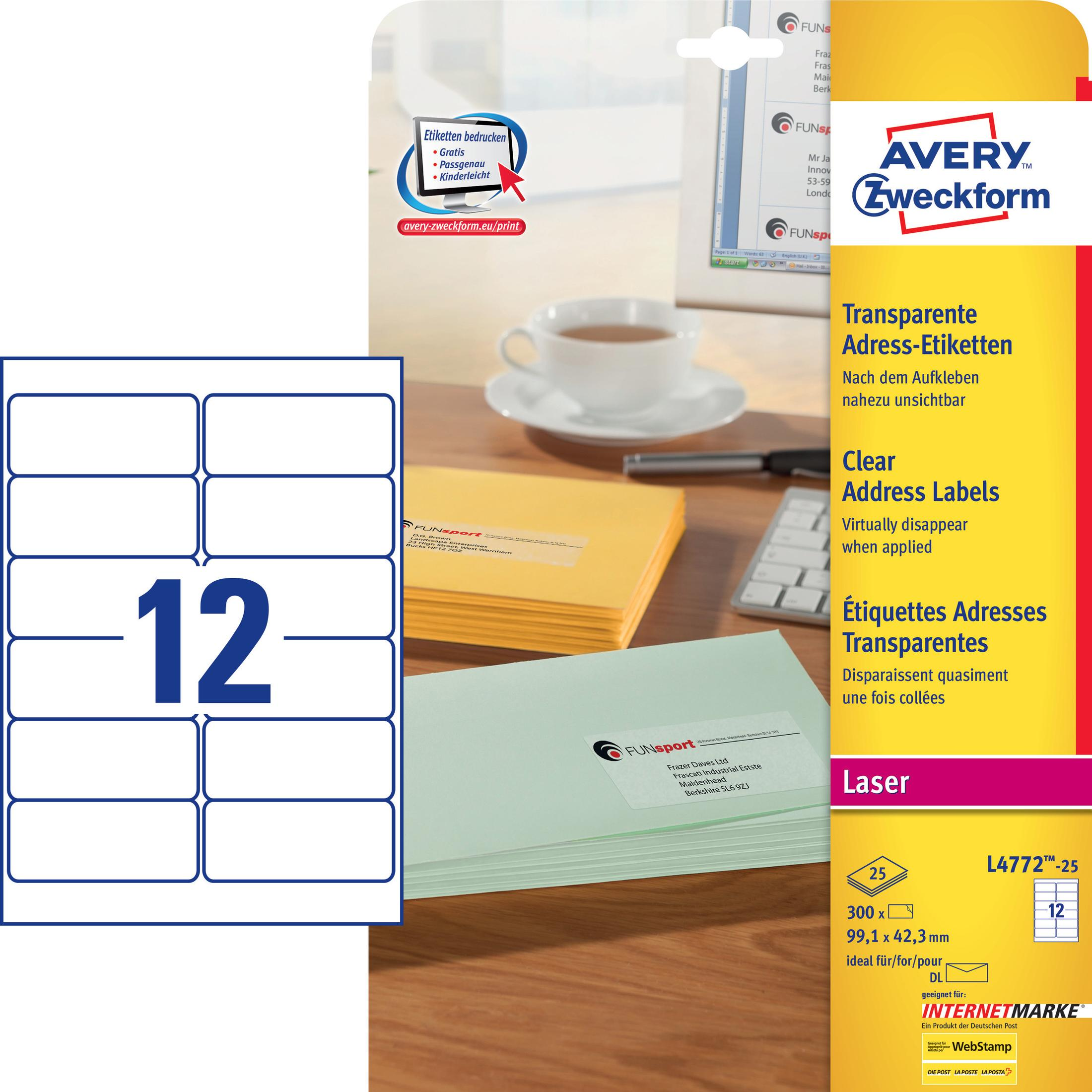 Avery-Etiketten und ein gedrucktes Dokument werden auf einem Schreibtisch gezeigt. Die Etiketten sind blau.