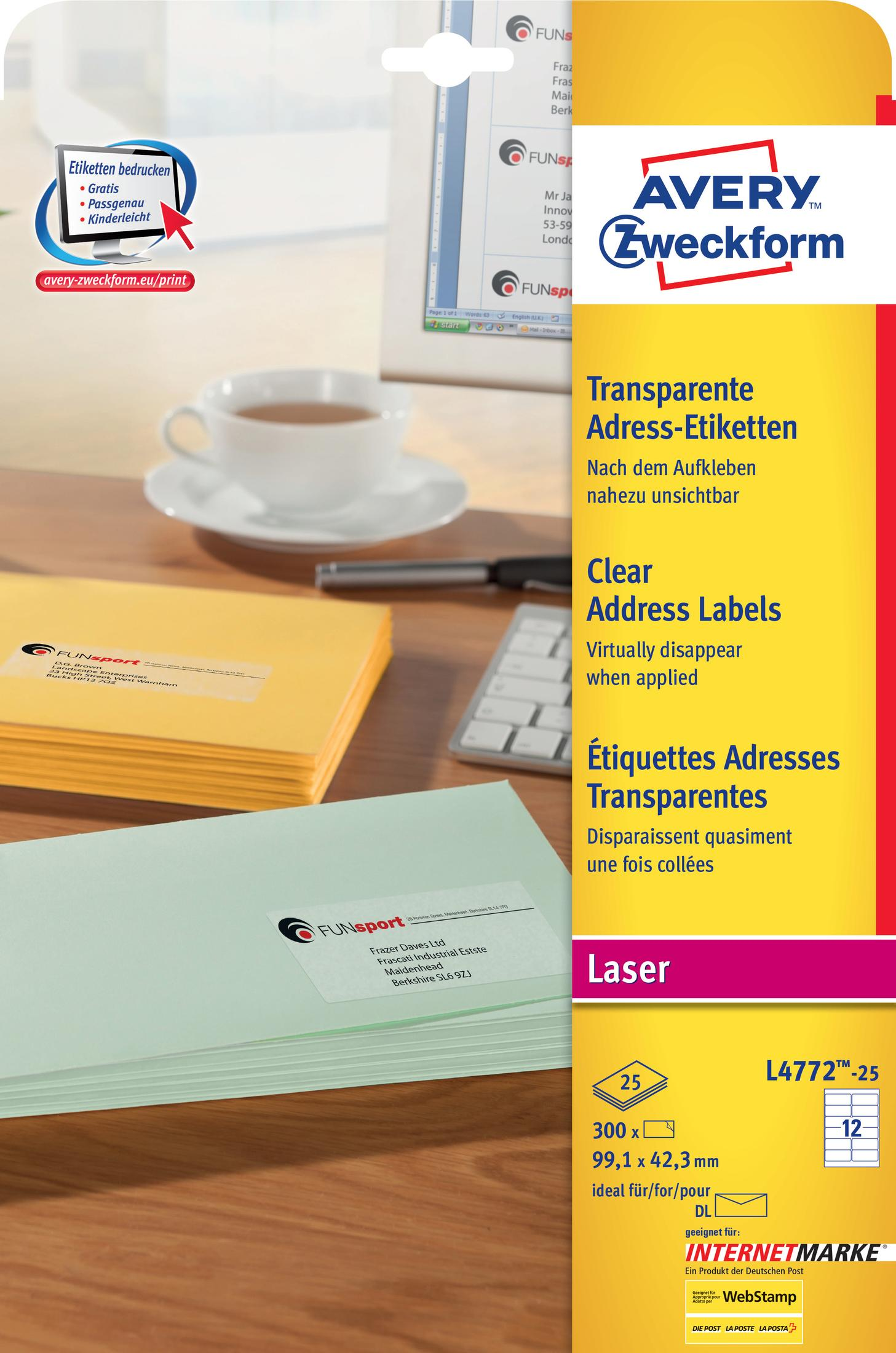 Avery Adressetiketten mit Text. Der Text enthält 'Clear Address Labels' und 'Laser' unten.