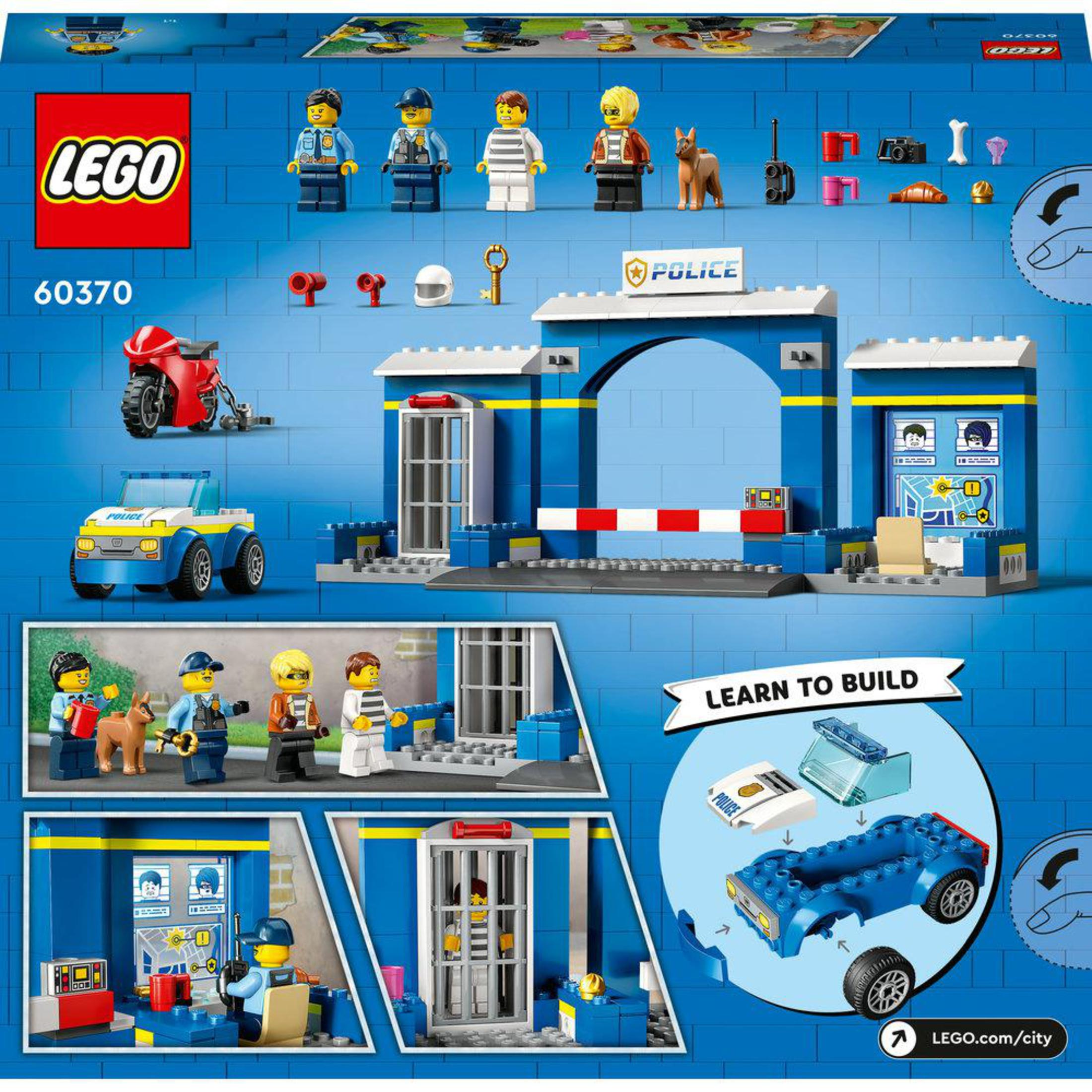 Set de la estación de policía de Lego con figuras y accesorios, incluyendo un coche de policía y una moto.