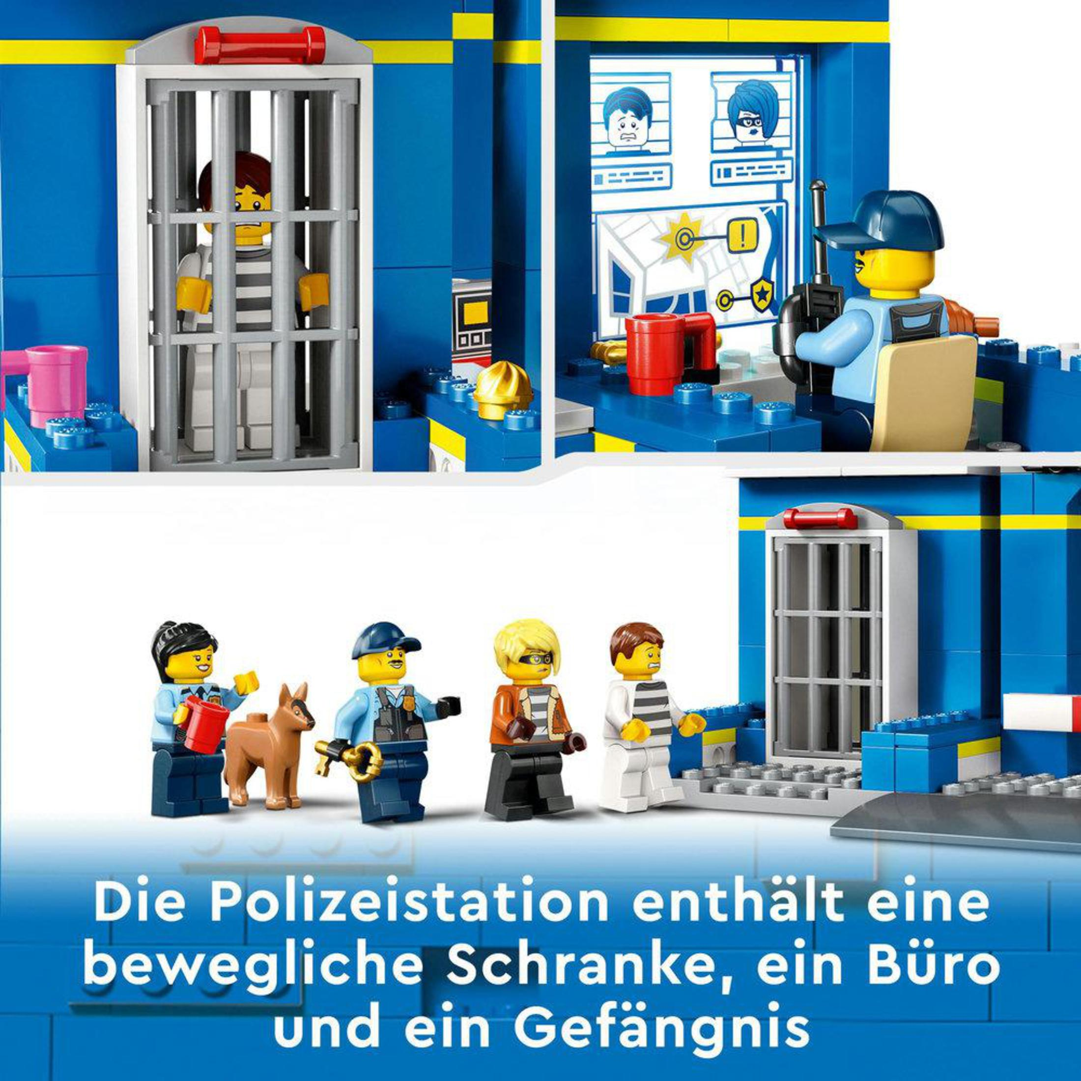 Escena del set LEGO con minifiguras en una estación de policía, con cárcel, oficina y barrera.