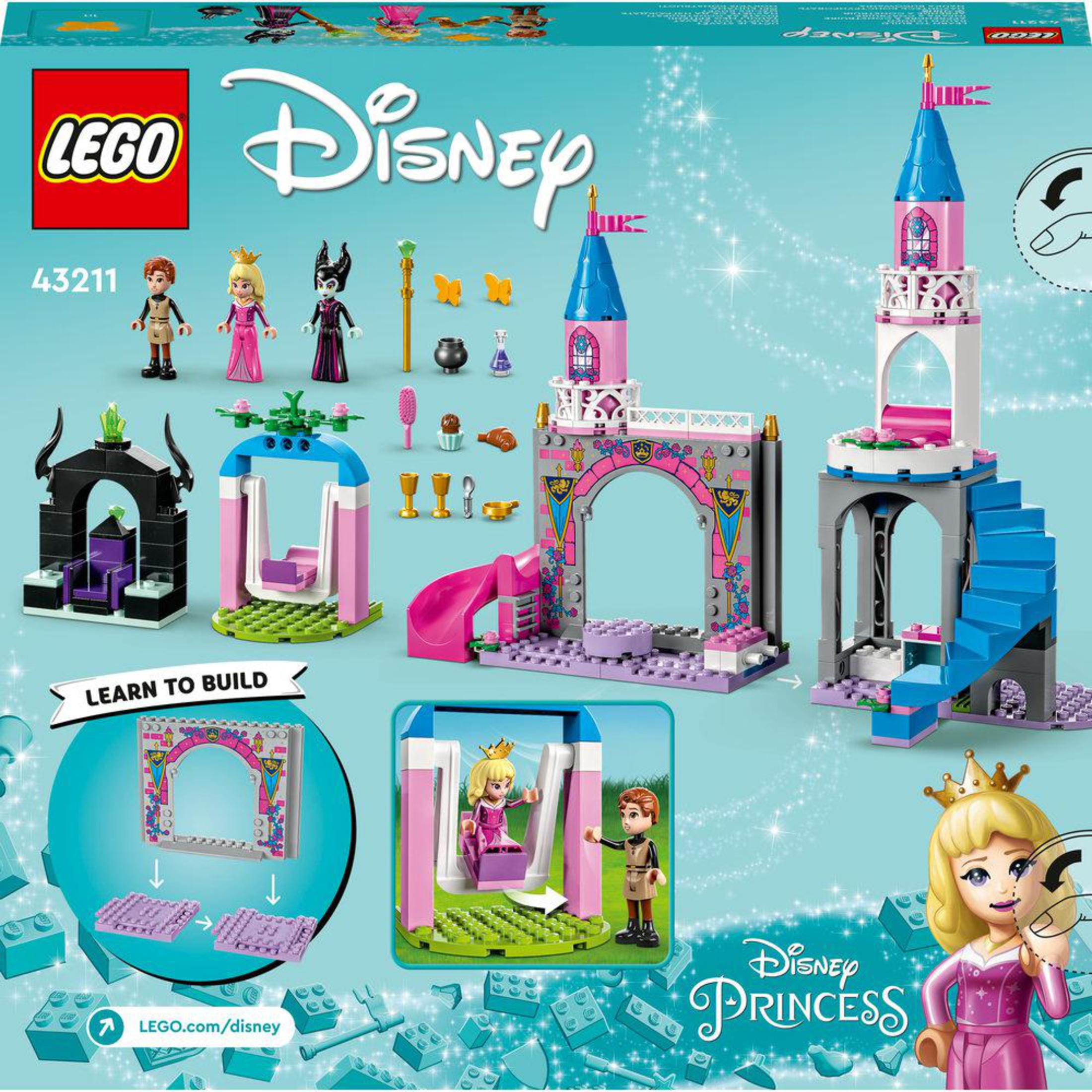 Lego Disney Princess Set mit Schloss und Figuren, bunte Box, weißer Hintergrund.