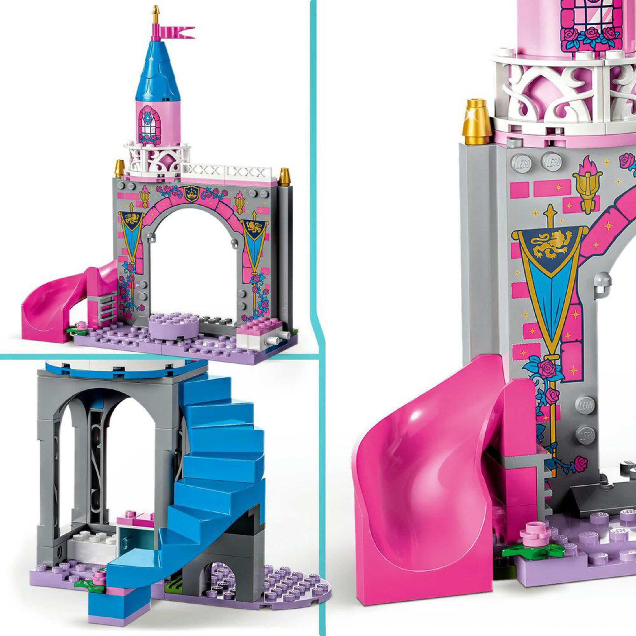 Lego-Burg-Set mit rosa und grauen Türmen, einer Rutsche und einer Wendeltreppe.