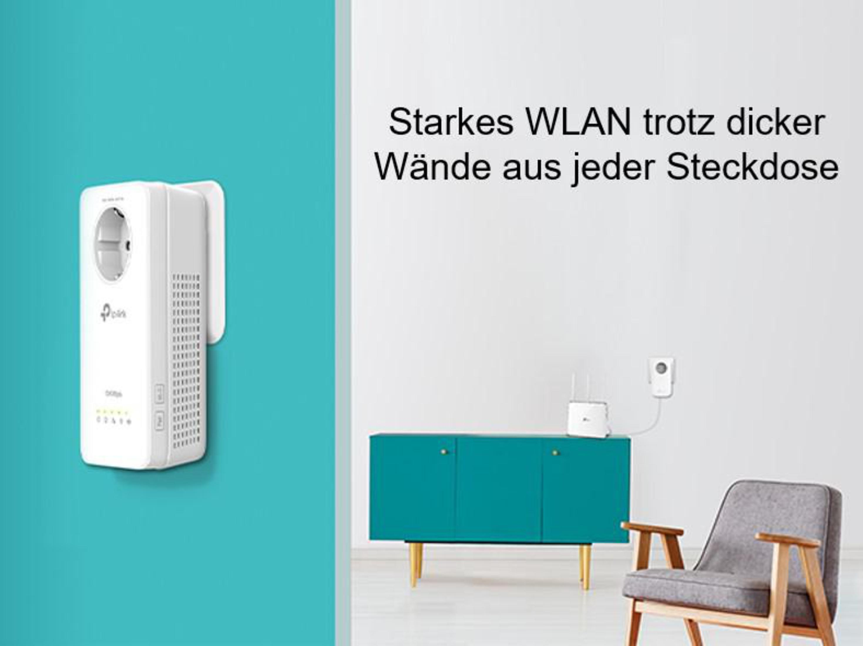 Białe urządzenie jest podłączone do ściany. Tekst w języku niemieckim opisuje silne Wi-Fi.