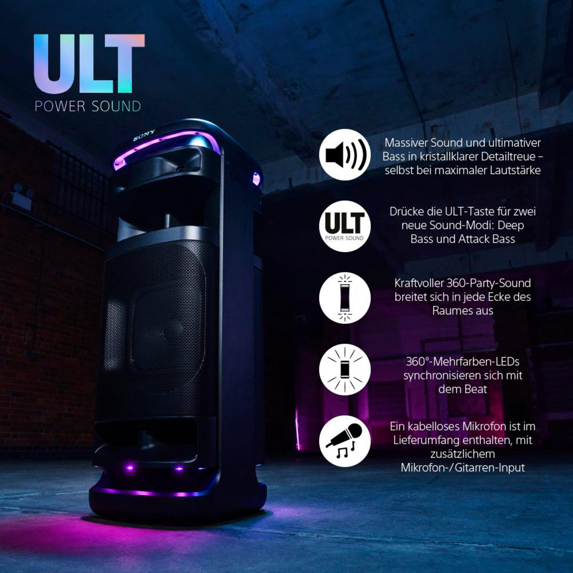 Altoparlante nero con luci viola e rosa. Testo: 'ULT POWER SOUND'. Icone e dettagli testuali.