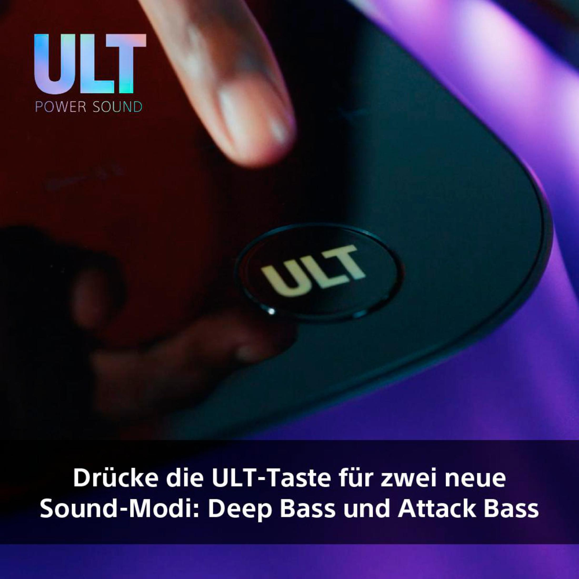 Mano preme un pulsante su un dispositivo nero. Il testo dice 'ULT POWER SOUND'.