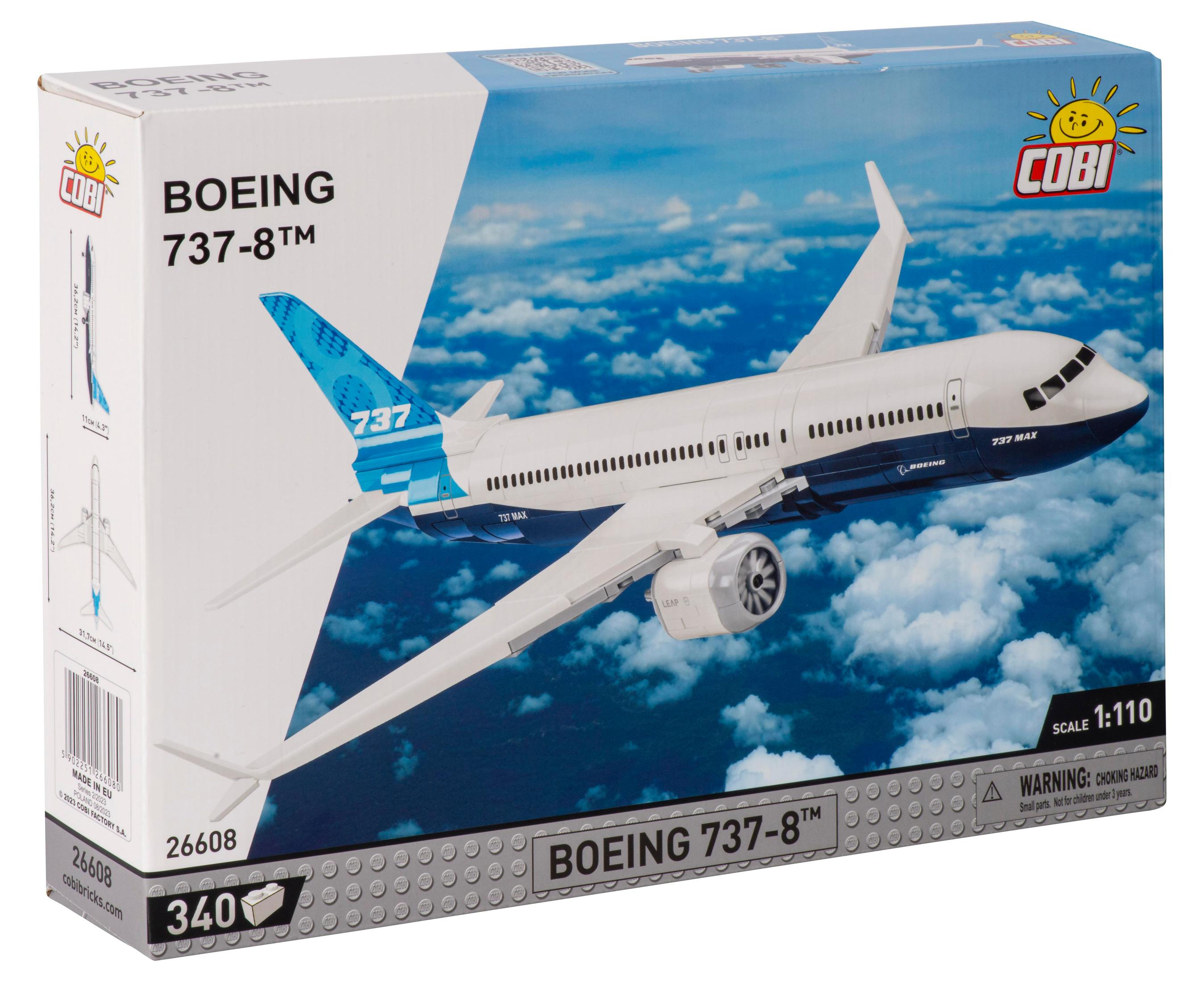 Pudełko modelu samolotu Boeing 737-8, ze szczegółami dotyczącymi samolotu.