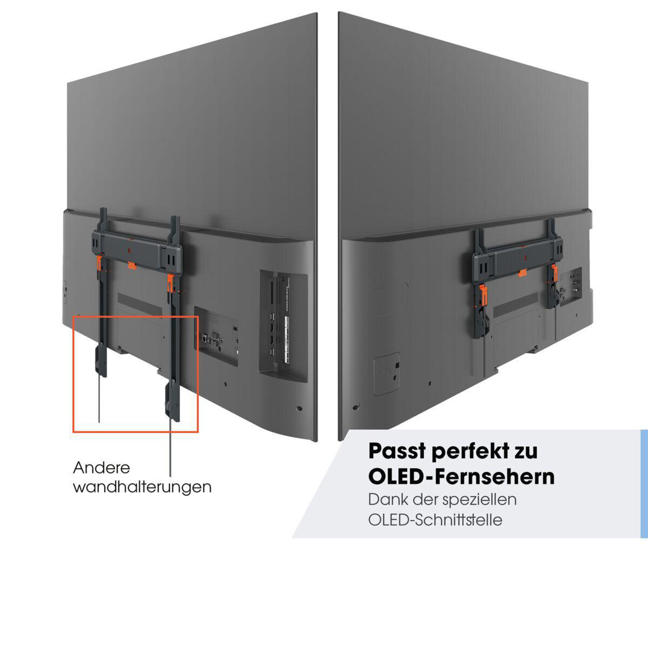 Dwa telewizory z wspornikami montażowymi. Tekst: Pasuje do telewizorów OLED.