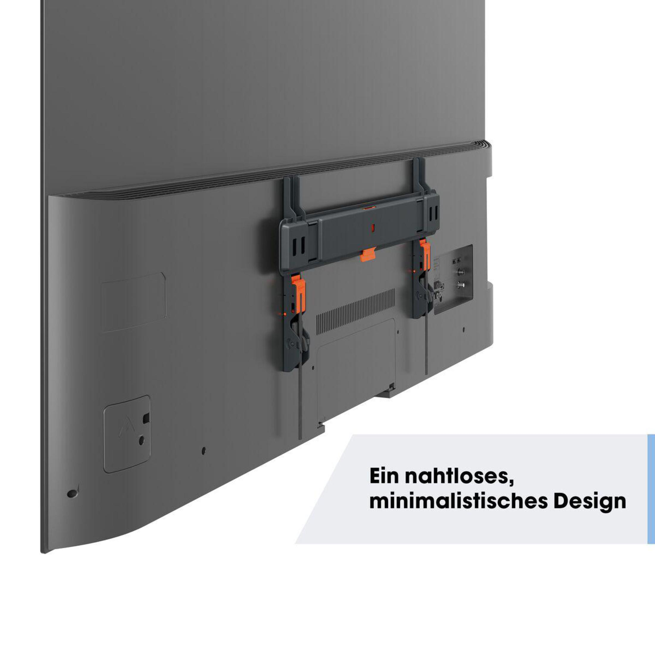 Telewizor na ścianie, czarny uchwyt, minimalistyczny design, szara ramka, pomarańczowe zatrzaski.