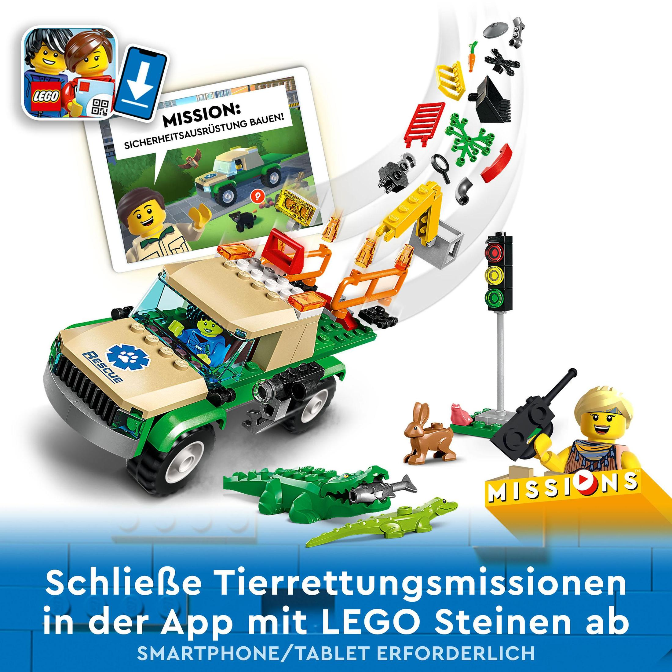 LEGO-Set mit grünem Truck, Minifiguren und Zubehör. Eine Missionsgrafik wird gezeigt.