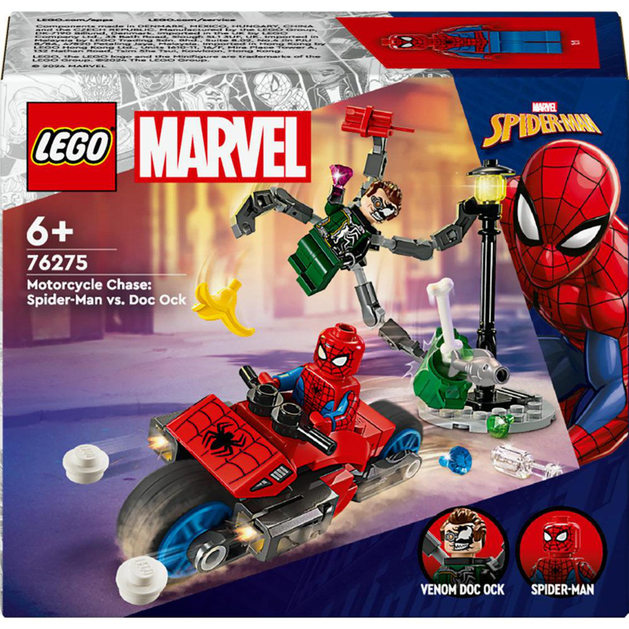Eine LEGO Marvel Spiderman Set-Box. Sie zeigt Spiderman, ein Motorrad und andere Figuren.