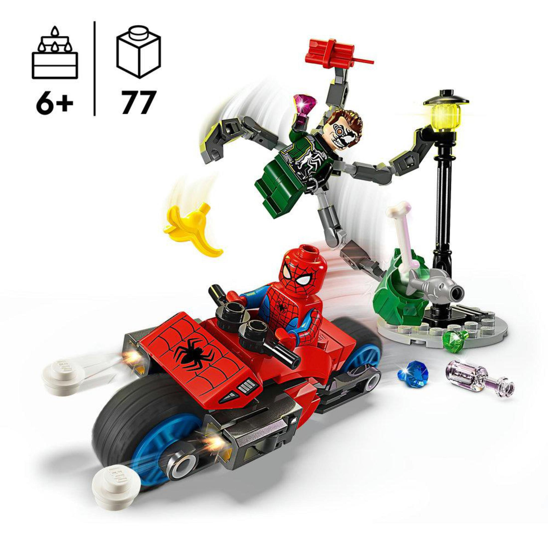 Lego Spiderman Set mit Motorrad, Figuren und Zubehör.