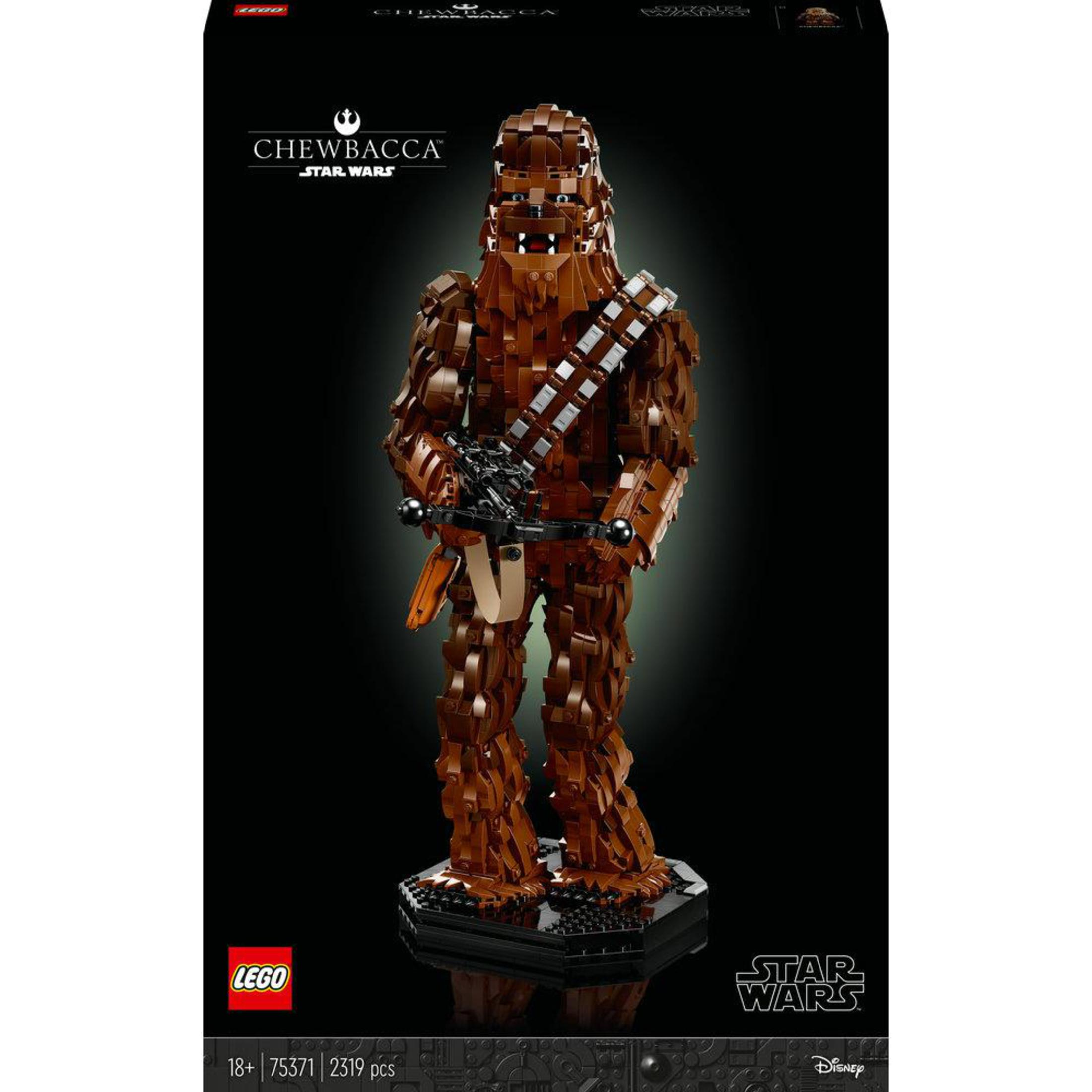 Figurka Lego Chewbacca na czarnym stojaku. Brązowa, motyw Star Wars.