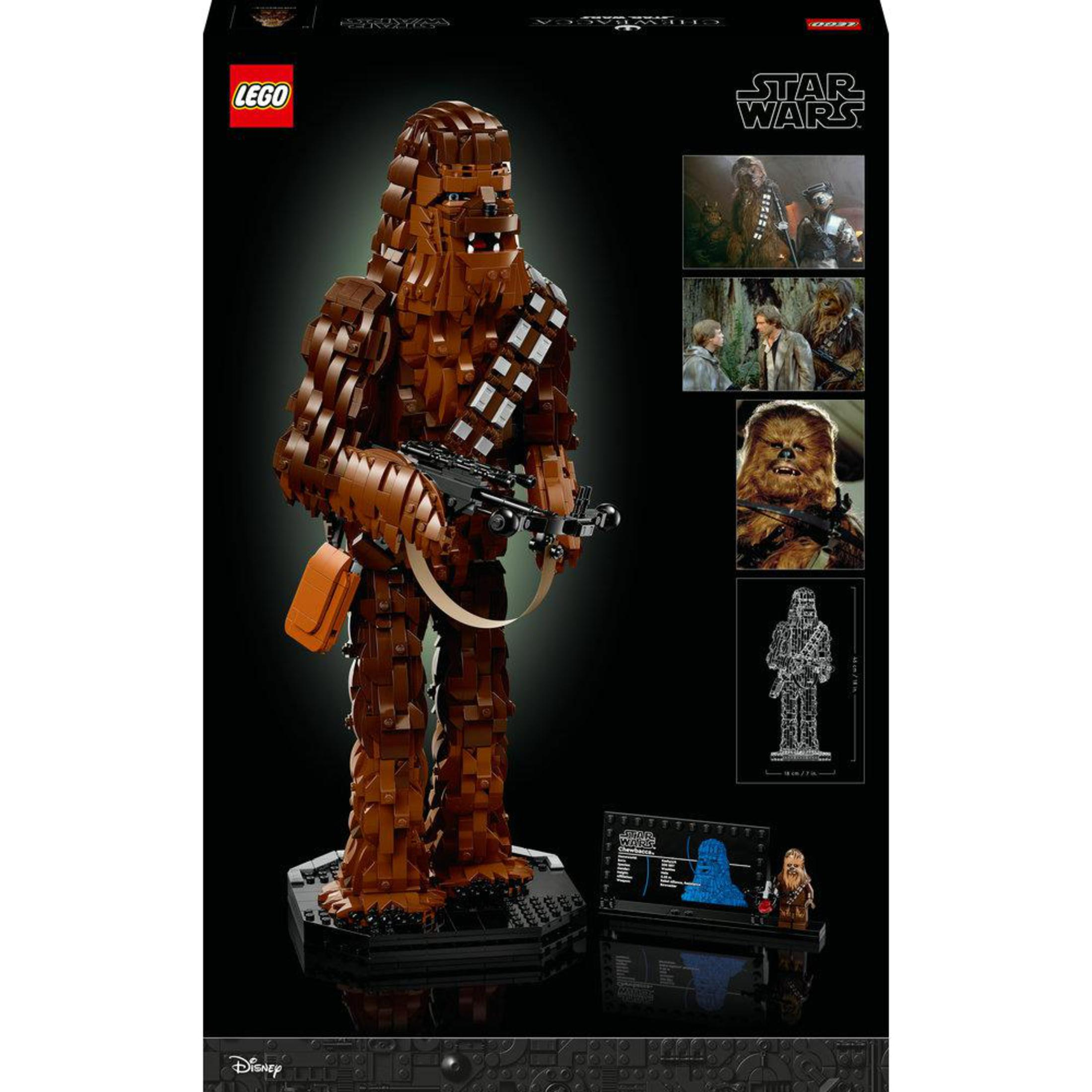 Zestaw Lego Star Wars Chewbacca. Brązowa figurka na czarnej podstawie z wyświetlaczem i obrazami postaci.
