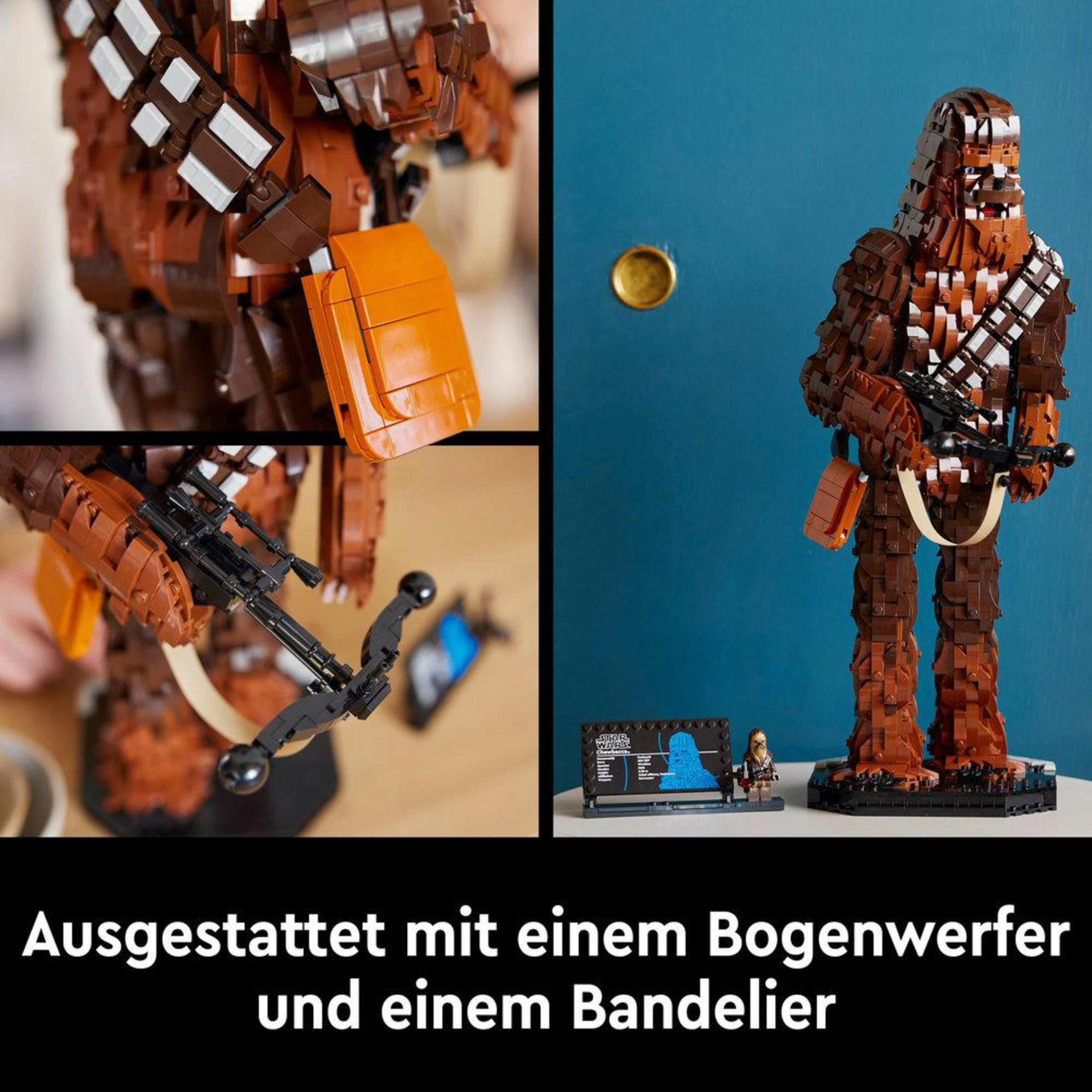 Figurka Lego Chewbacca. Brązowa, wysoka. Zawiera bowcaster i bandolier. Wiele widoków szczegółowych.