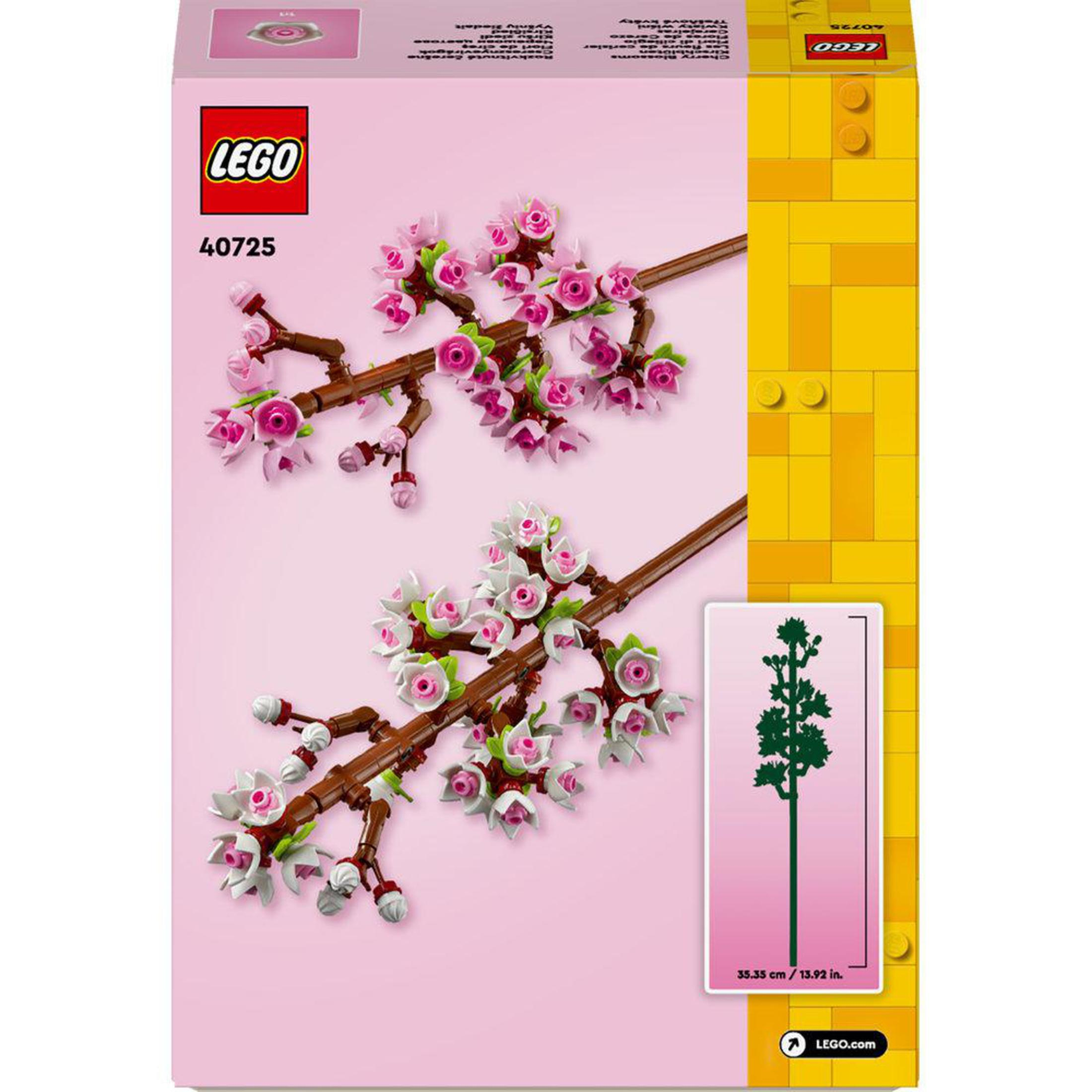 Rückseite einer LEGO-Box mit Kirschblütenzweigen und einer grünen Stiel-Illustration.