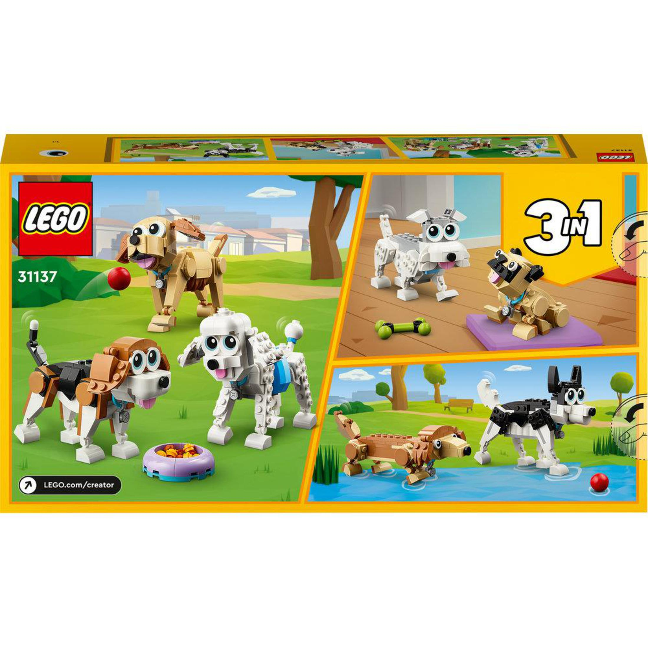 Lego-setdoos. Doos toont verschillende Lego-honden in verschillende poses. Doos is geel en groen.