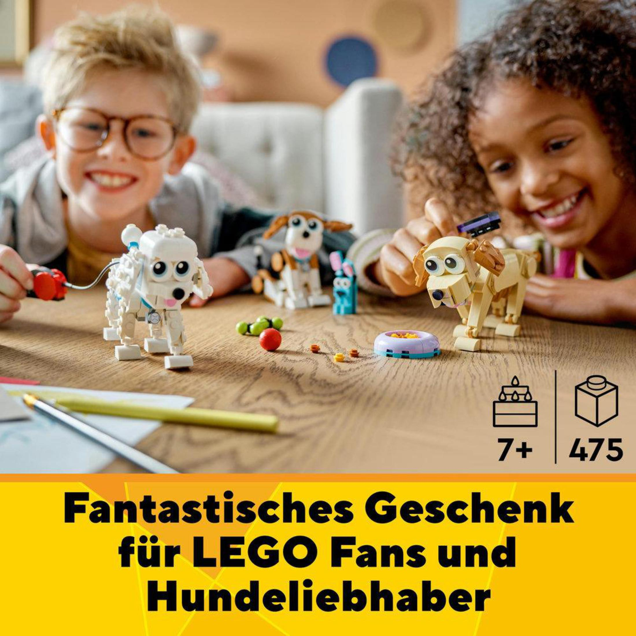 Twee kinderen spelen met Lego hondenmodellen op een houten tafel. Inclusief Lego blokken en tekst: fantastisch cadeau.