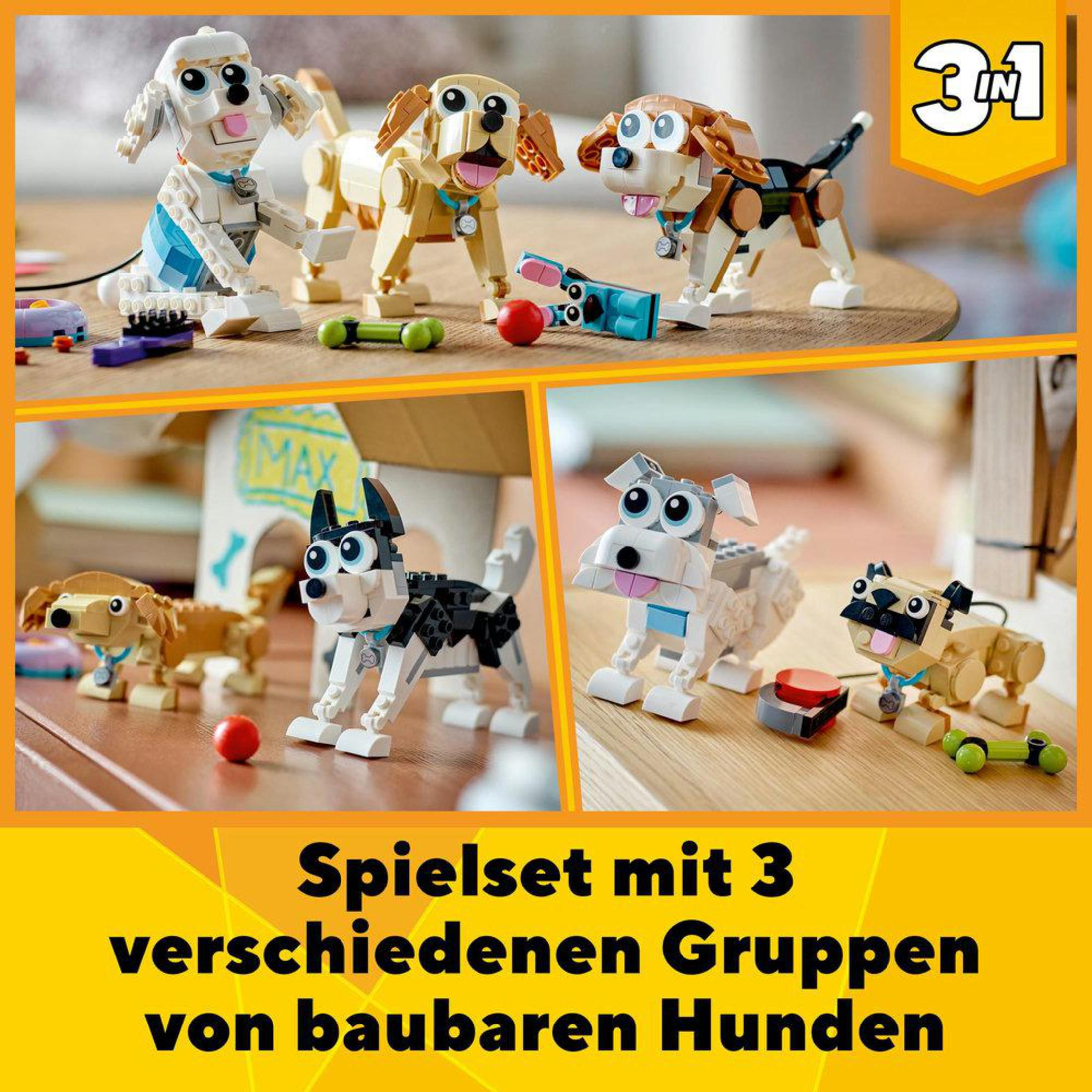 Een Lego-set met meerdere bouwbare hondenfiguren, met tekst: Spielset mit 3 verschiedenen Gruppen.