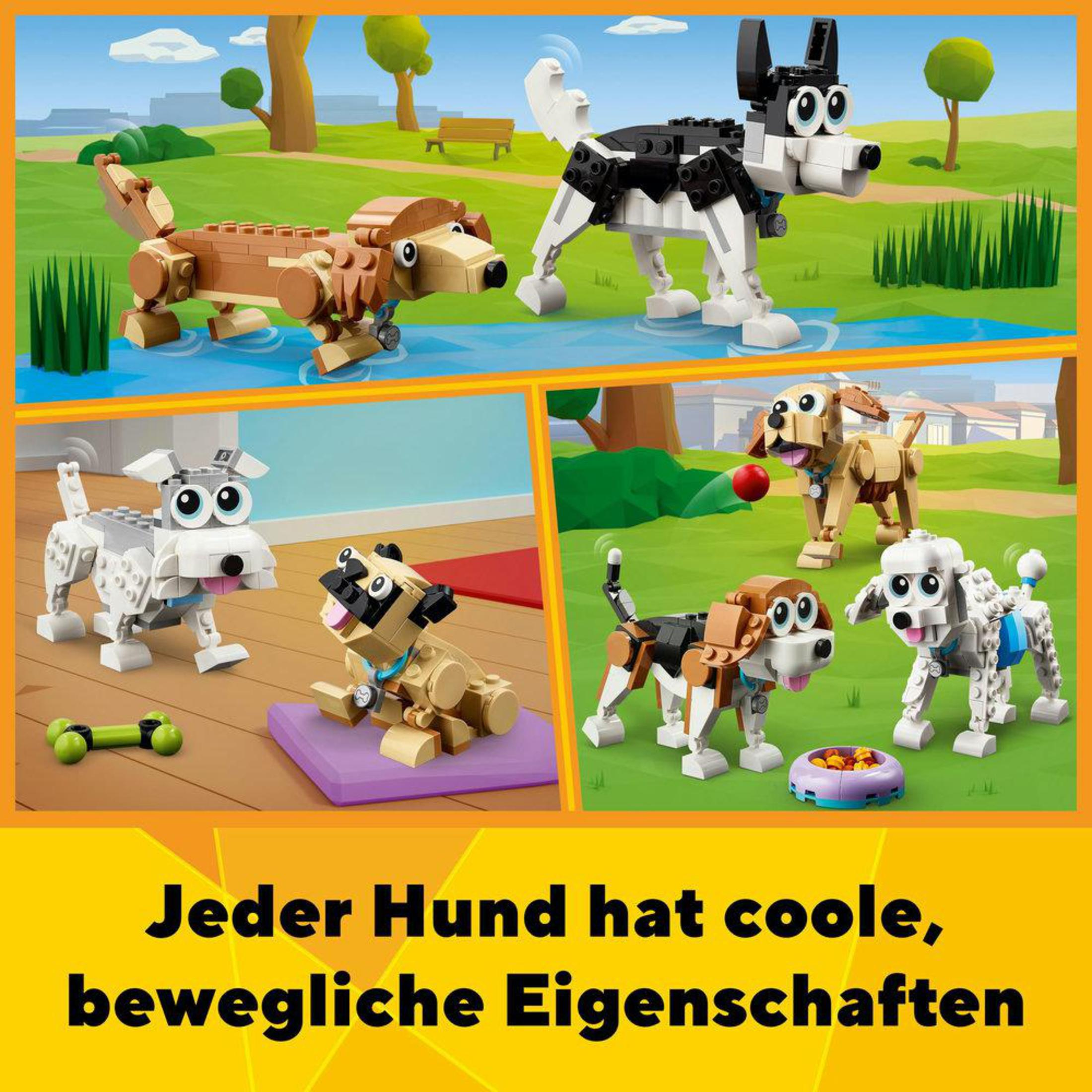 Meerdere Lego hondenmodellen in een gele rand met tekst.