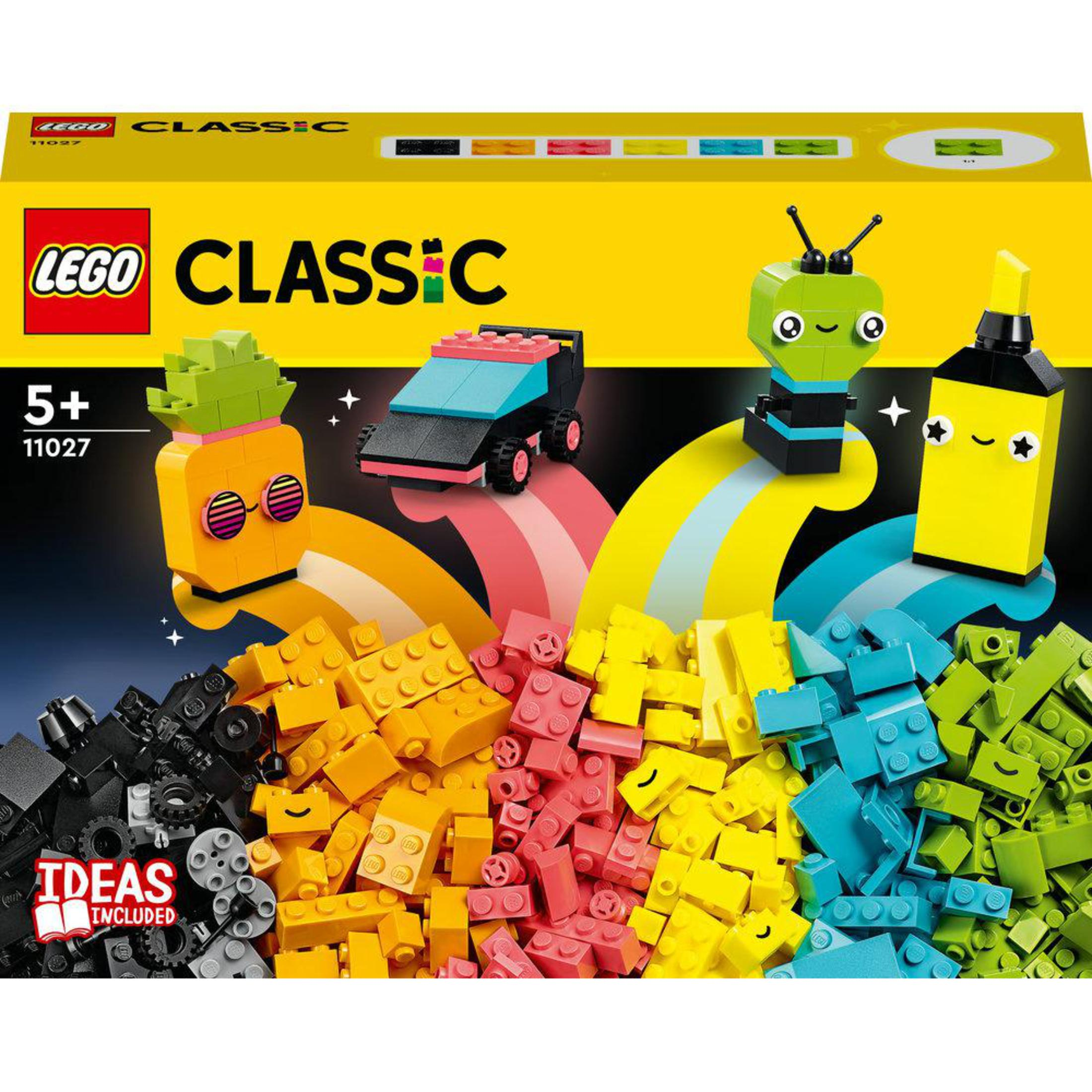 Lego Classic doos met bouwstenen en figuren. Gele doos, met een verscheidenheid aan kleuren.