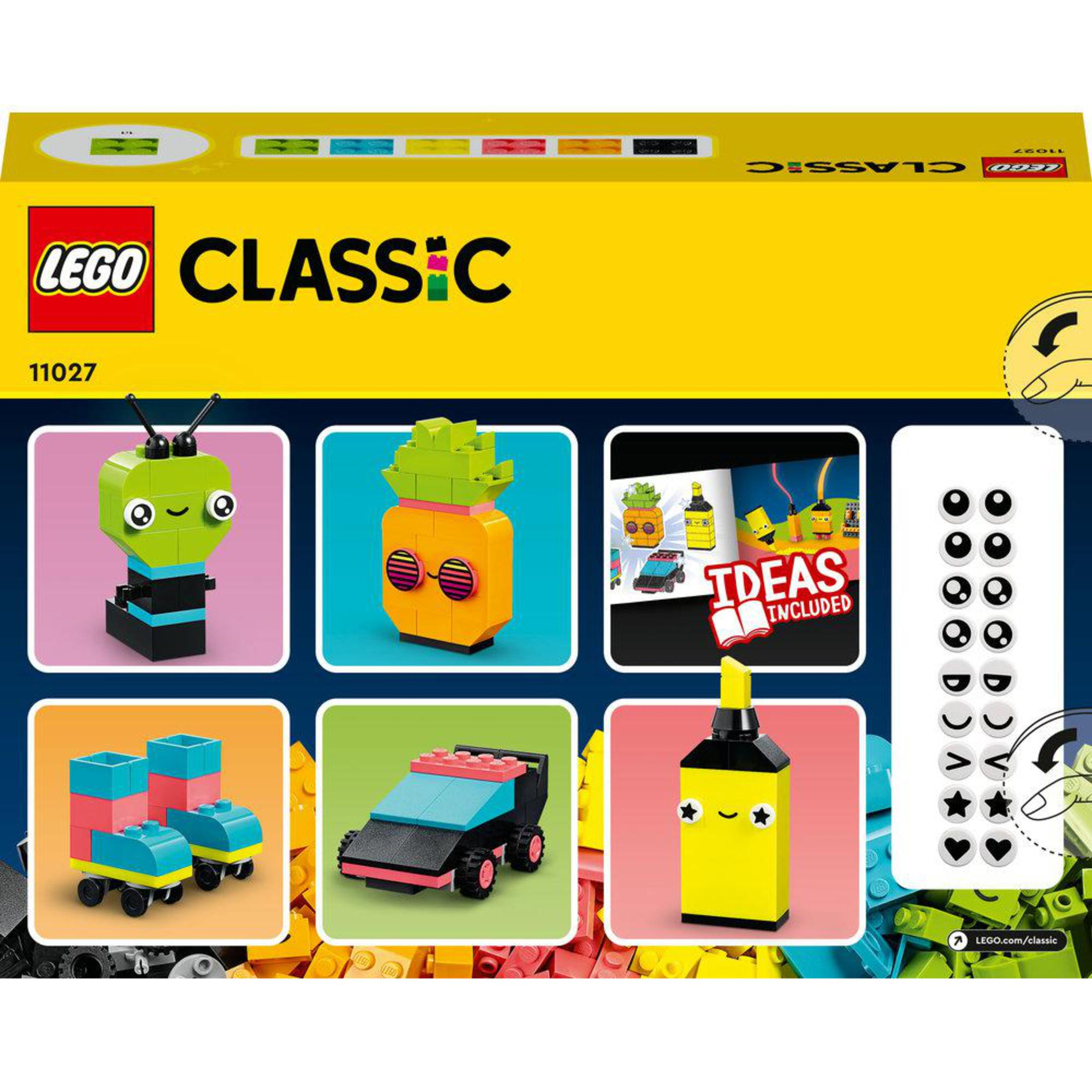 Doos van LEGO Classic met diverse kleine LEGO-bouwsels op een gele achtergrond.