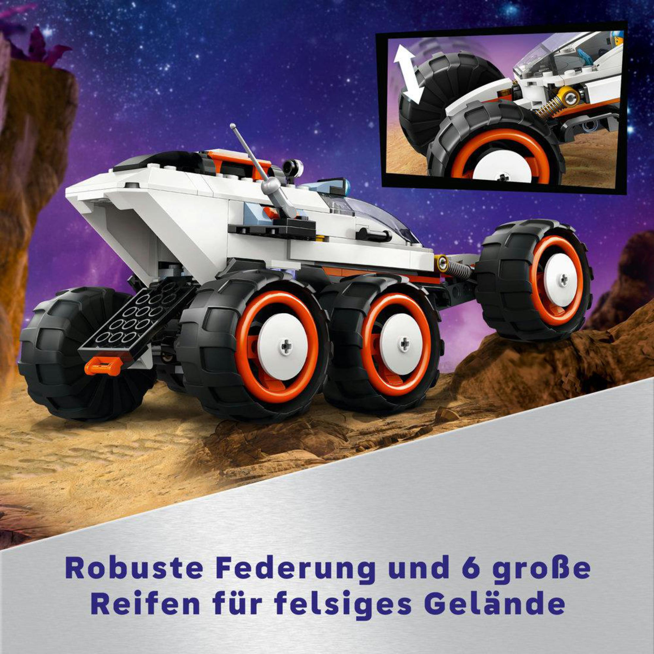 Lego City Mars Rover mit großen Reifen und einer Weltraumszene.