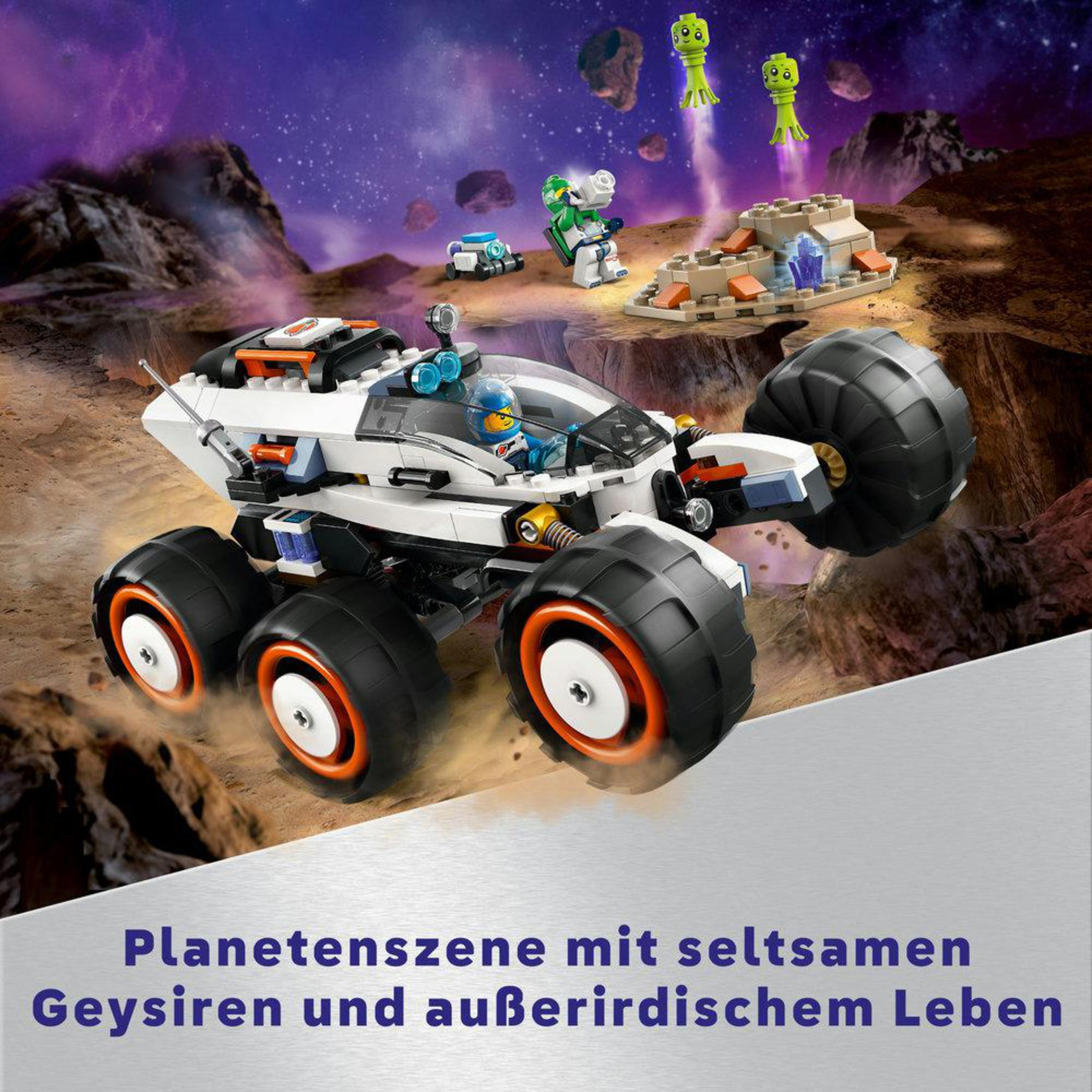 Ein Spielzeugfahrzeug mit großen Rädern. Es enthält einen Astronauten und befindet sich auf felsigem Gelände.