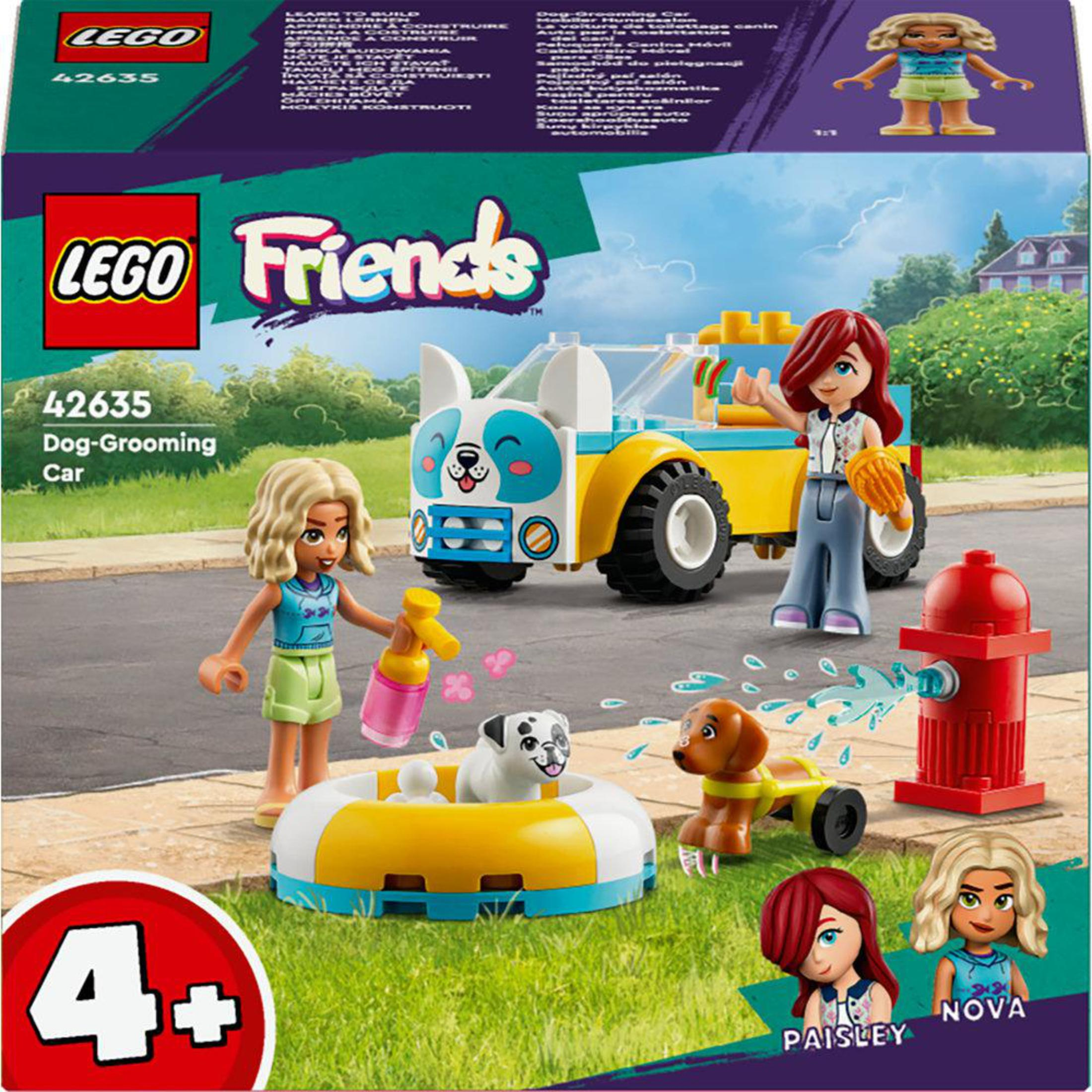 Zestaw Lego Friends z samochodem, figurkami i sceną pielęgnacji psa.