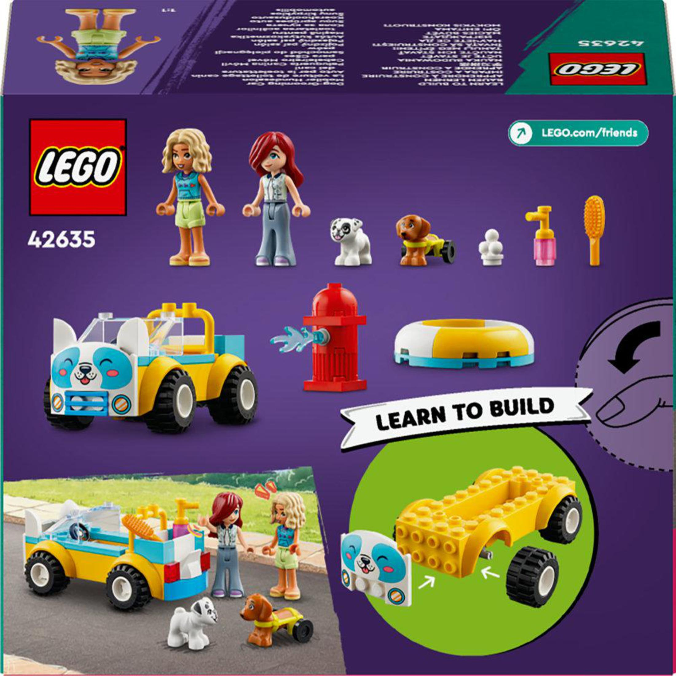 Pudełko zestawu LEGO Friends. Pokazuje figurki LEGO, samochód, psa i akcesoria, z tekstem 'Learn to Build'.