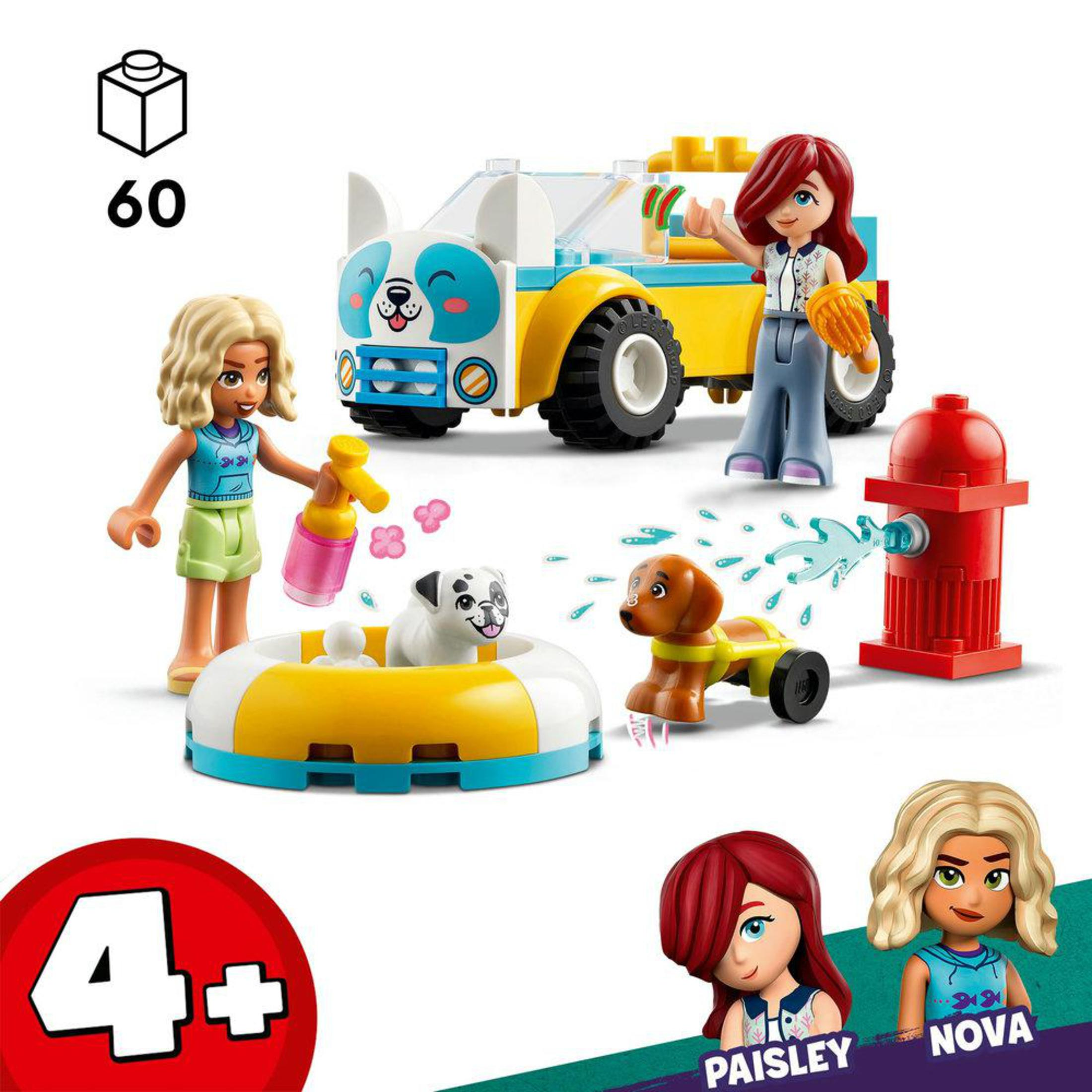 Zestaw Lego z figurkami psów. Dwie dziewczyny bawią się figurkami psów. Białe tło.
