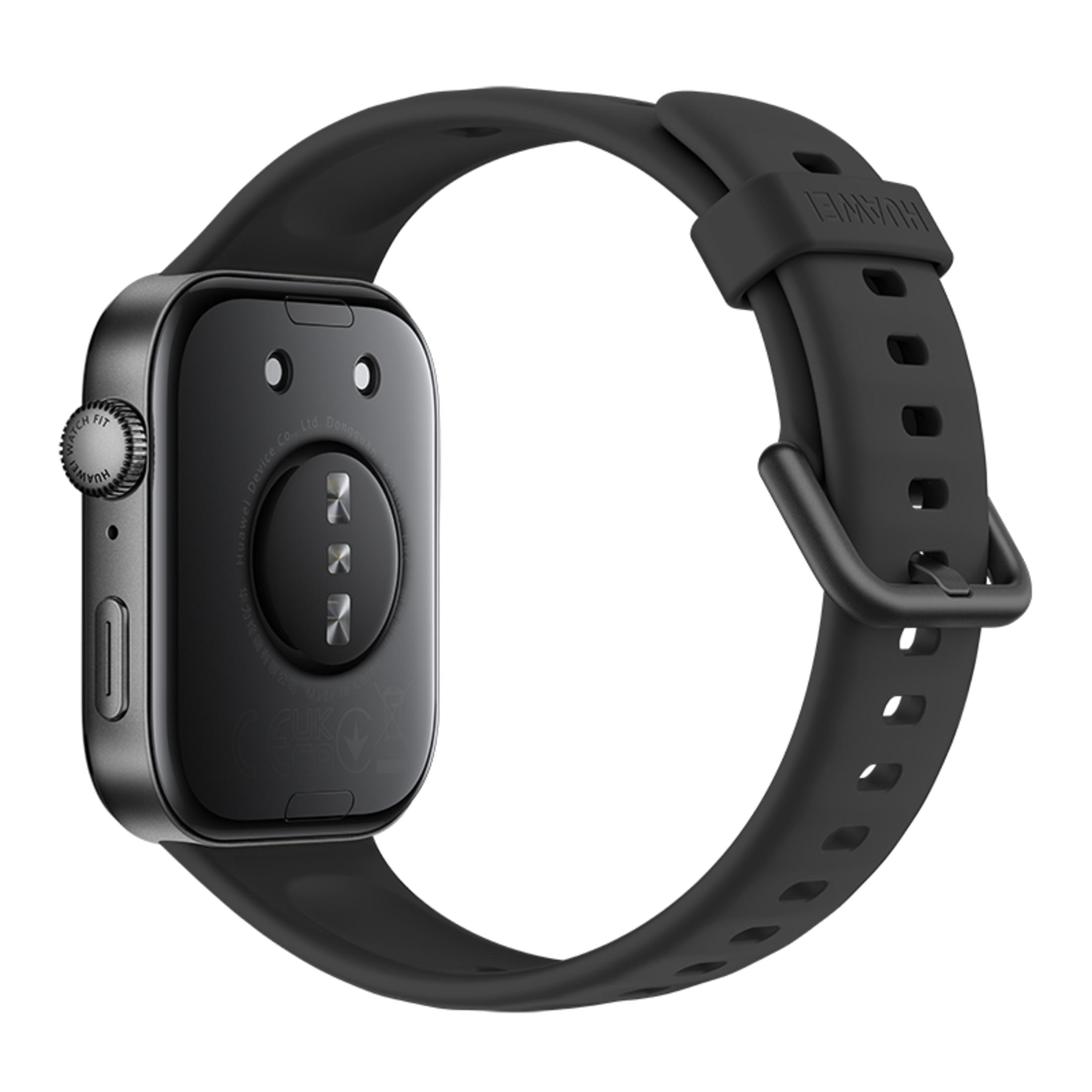 Zwarte Huawei smartwatch, achteraanzicht, toont de achterkant van het horloge met sensoren en de band.