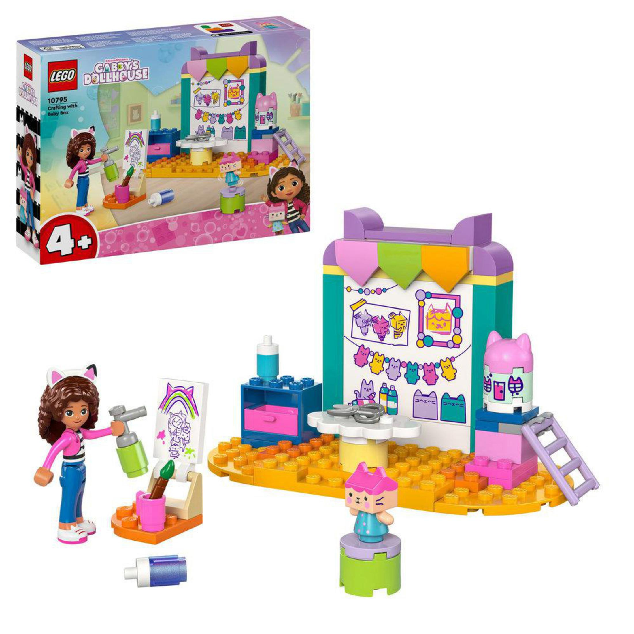 Zestaw Lego Gabby's Dollhouse z figurkami, kolorowym budynkiem i pudełkiem ze zdjęciem zestawu.