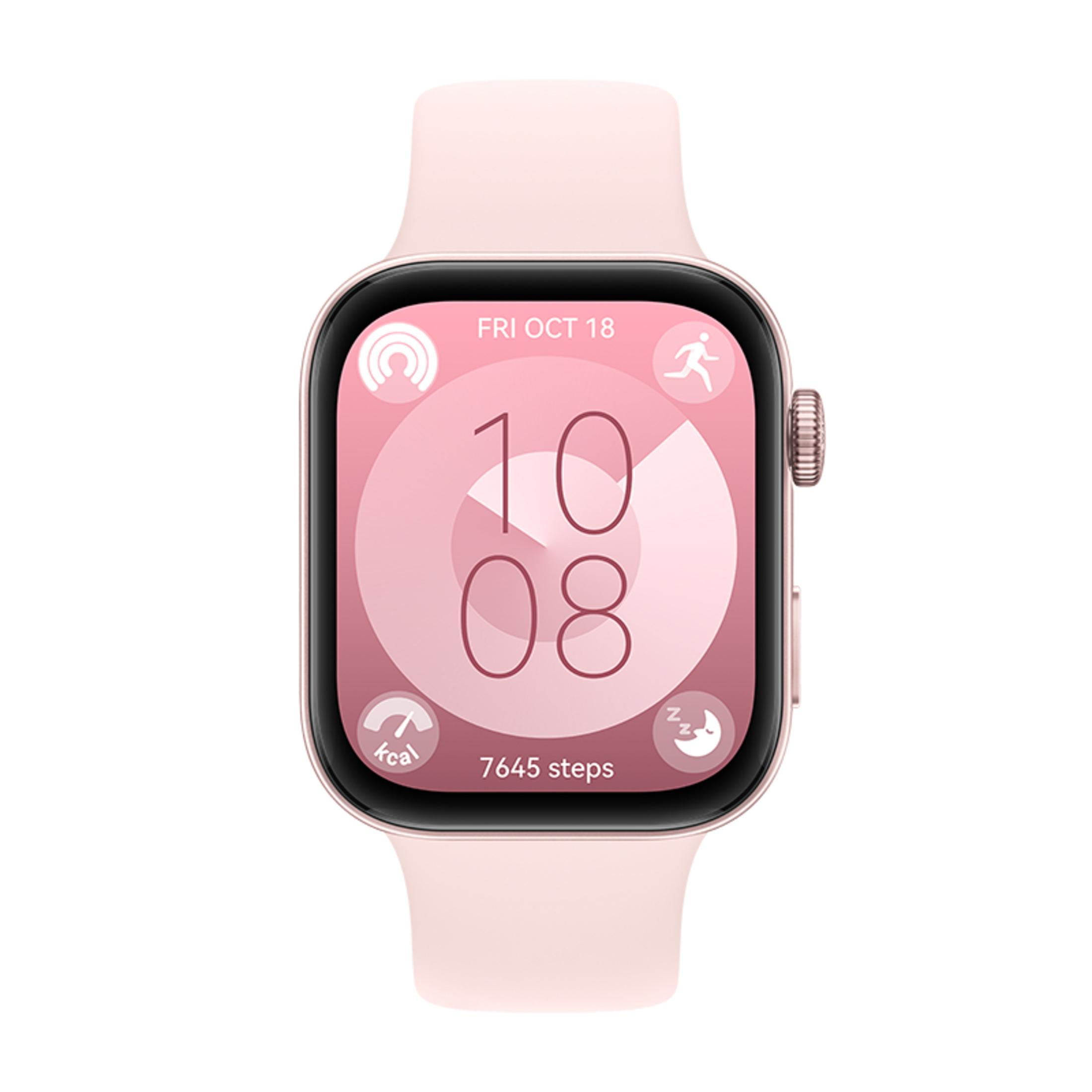 Pinke Smartwatch, die Zeit und Aktivitätsdaten anzeigt. Rosa Band, schwarzer Bildschirm und roségoldener Rand.