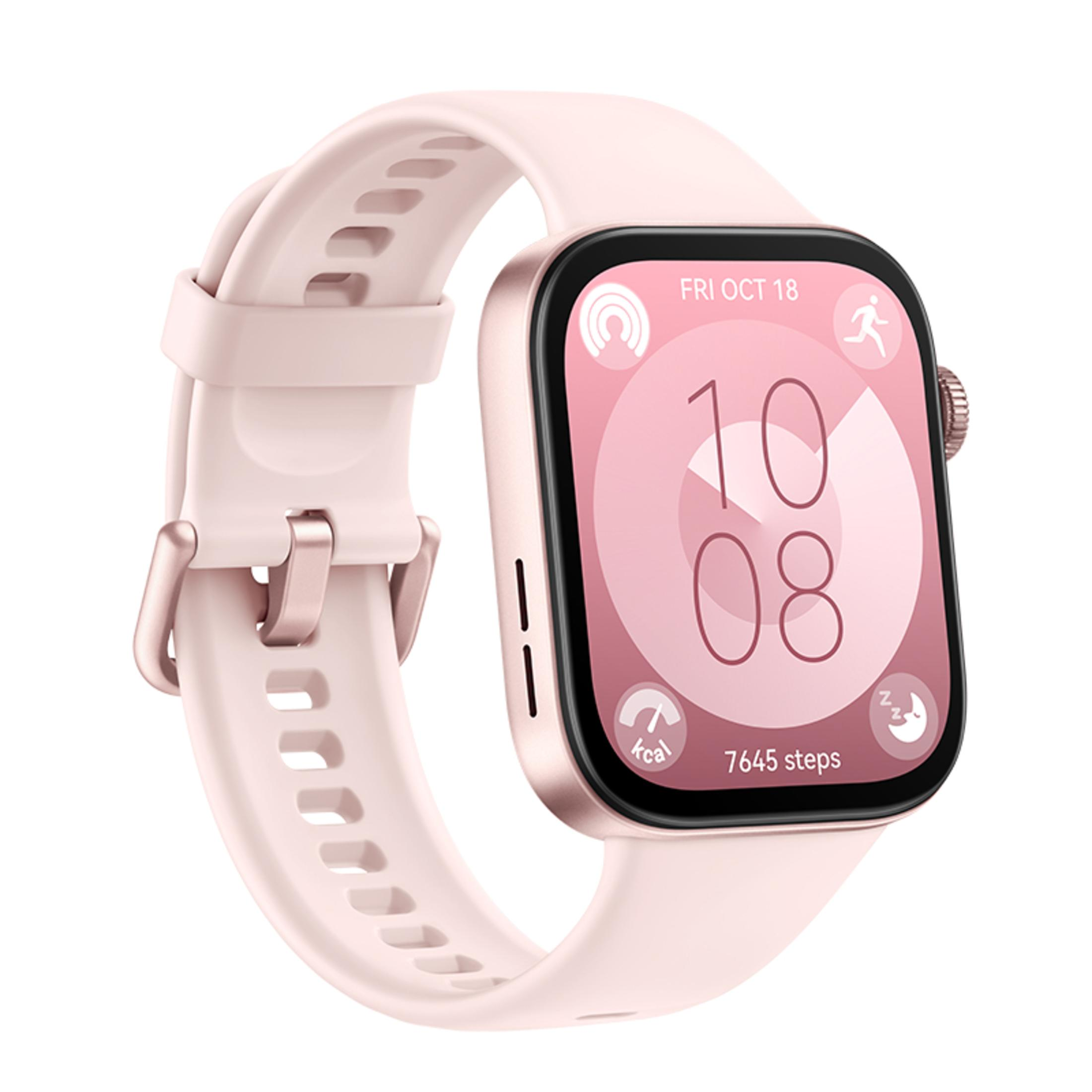 Rosafarbene Smartwatch mit pinkfarbenem Armband, Digitalanzeige mit Zeit und Gesundheitsdaten.