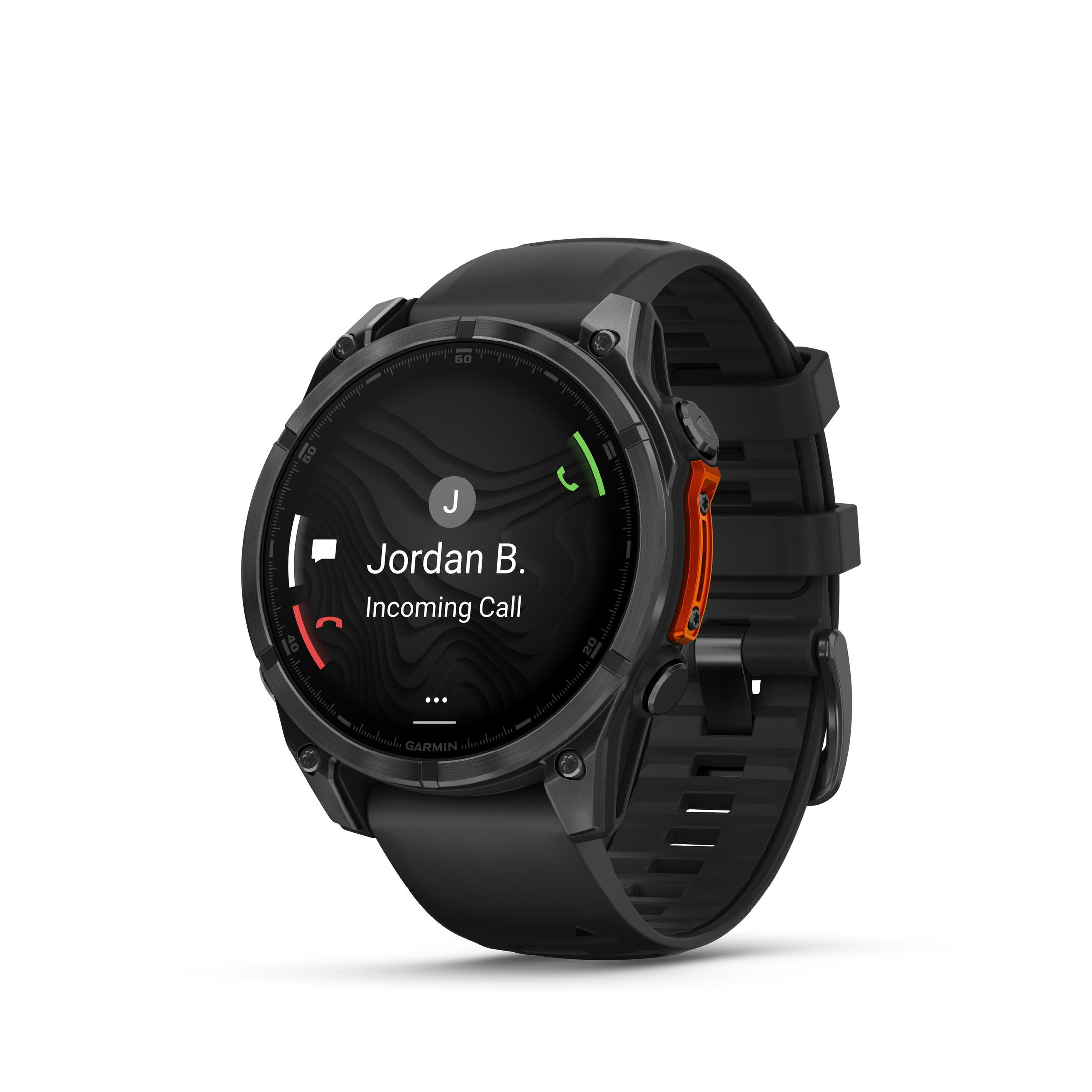 Smartwatch Garmin mostrando una llamada entrante de 'Jordan B.'. El reloj es negro y naranja.